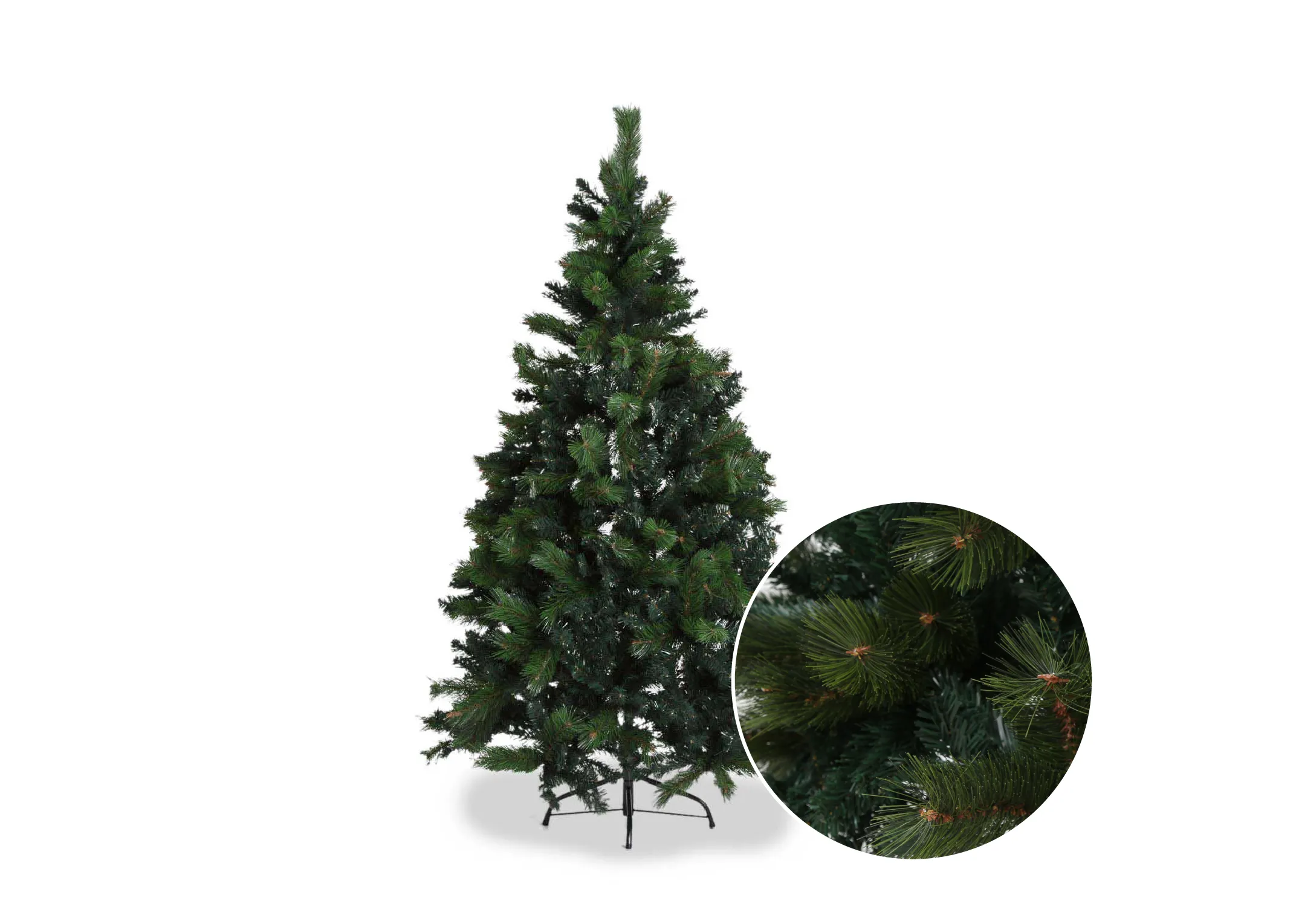 A front view of the pine Christmas tree highlighting the green leaves of the tree.