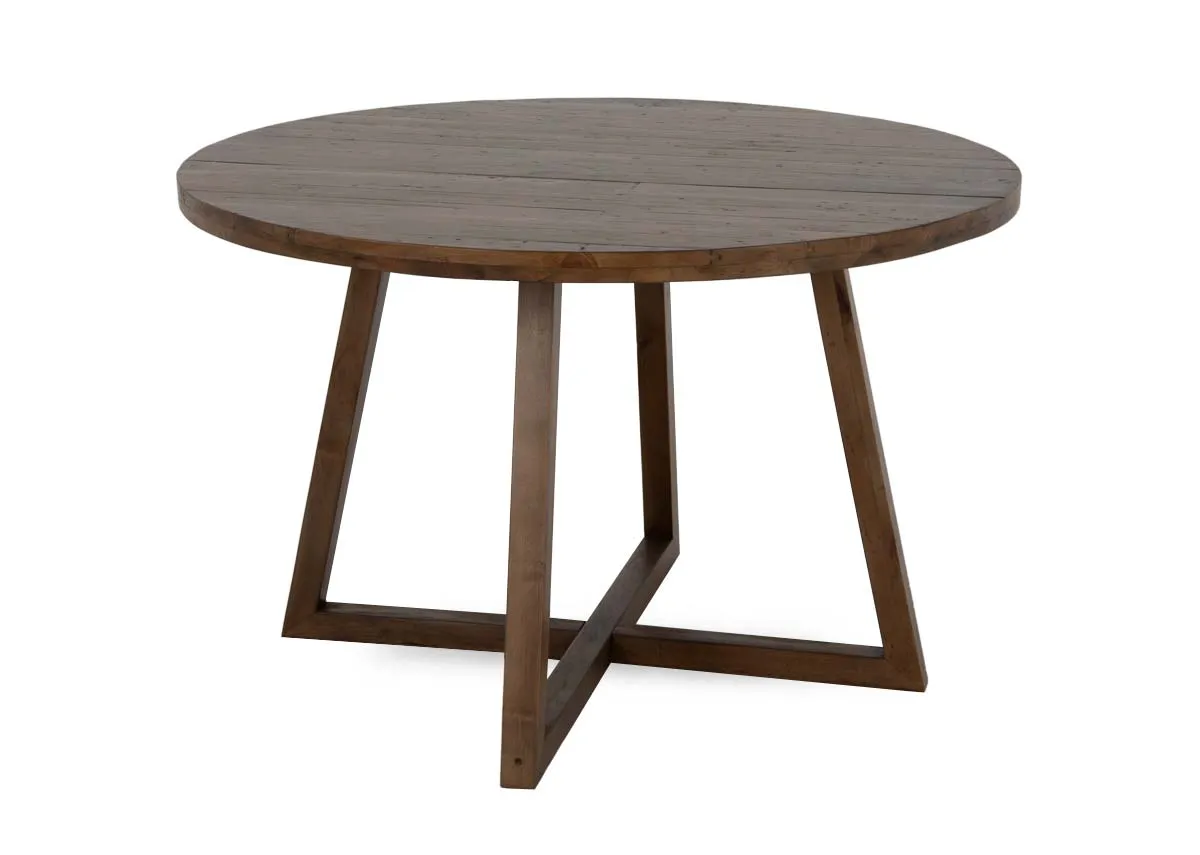 A round brown cashew wood dining table from EZ Livings Ladder Range. Angled view of brown wood with slat wood effect