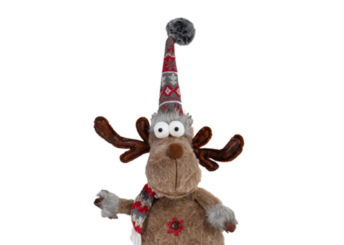 A brown furry reindeer with aztec hat and scarf from EZ Livings Jingle. 