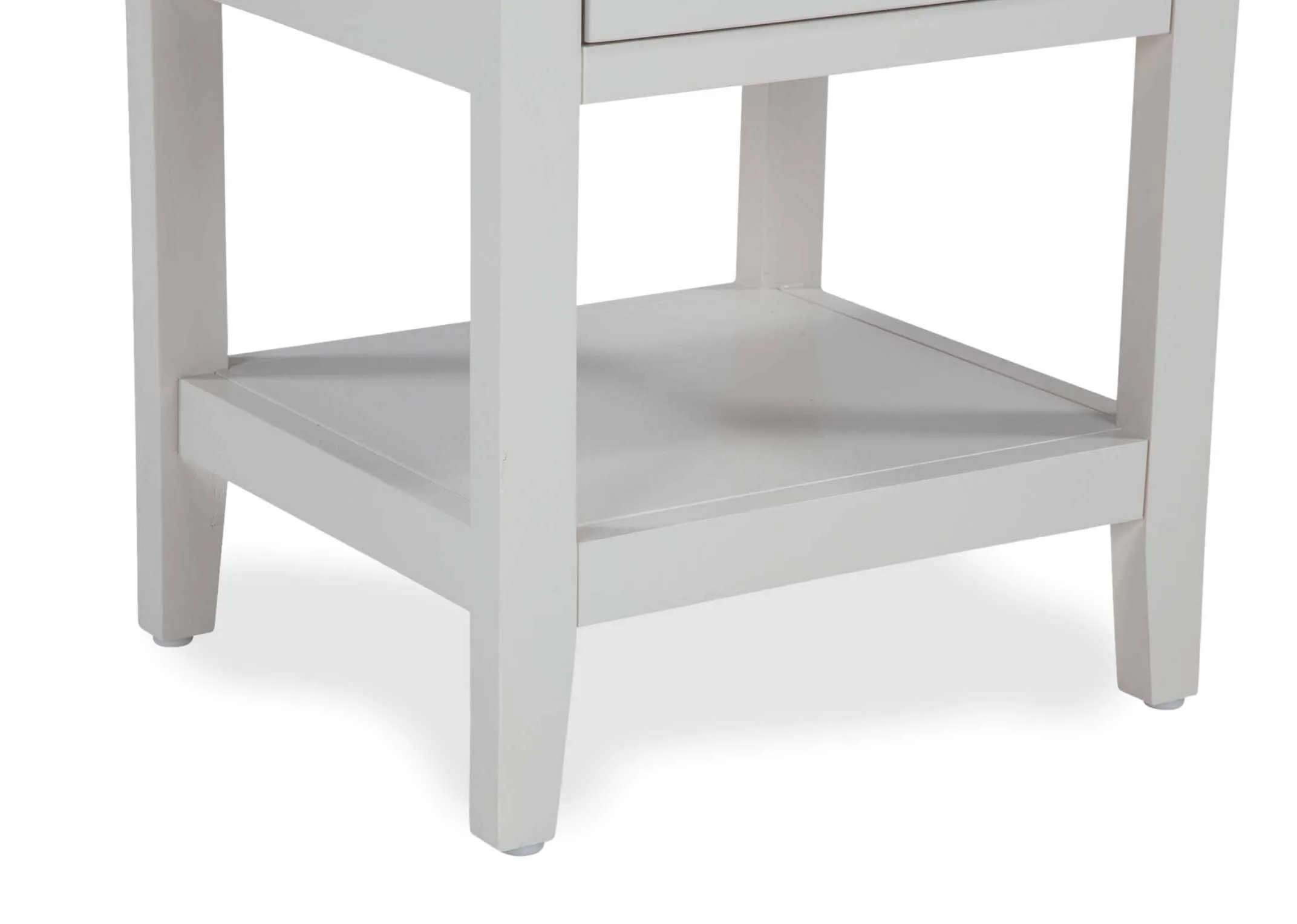 Detailed view of legs of one-drawer grey bedside locker with bottom shelf Maine