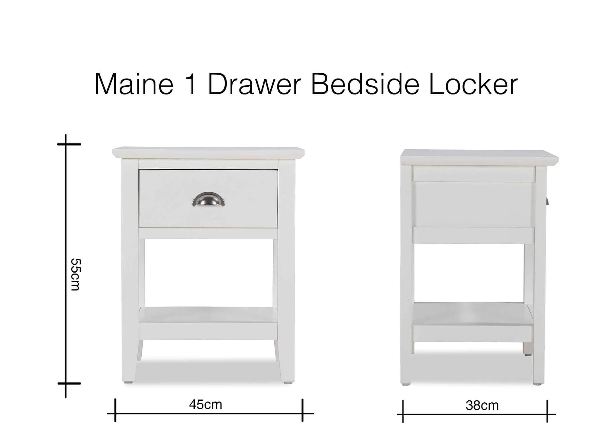 Dimension image for the Maine 1 drawer bedside locker 55cm (Height) x 45cm (Width) x 38cm (Depth)