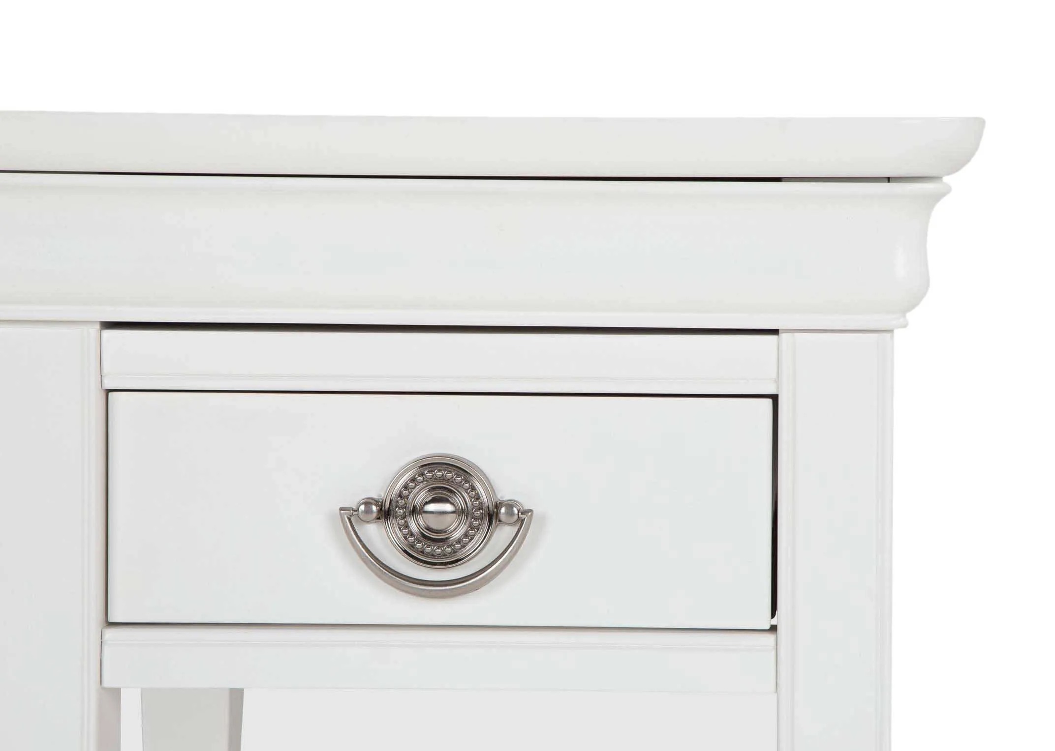 Dimension shot of one drawer white bedside locker chantilly with 63 cm (height) x  48 cm (width) x 39cm (depth).