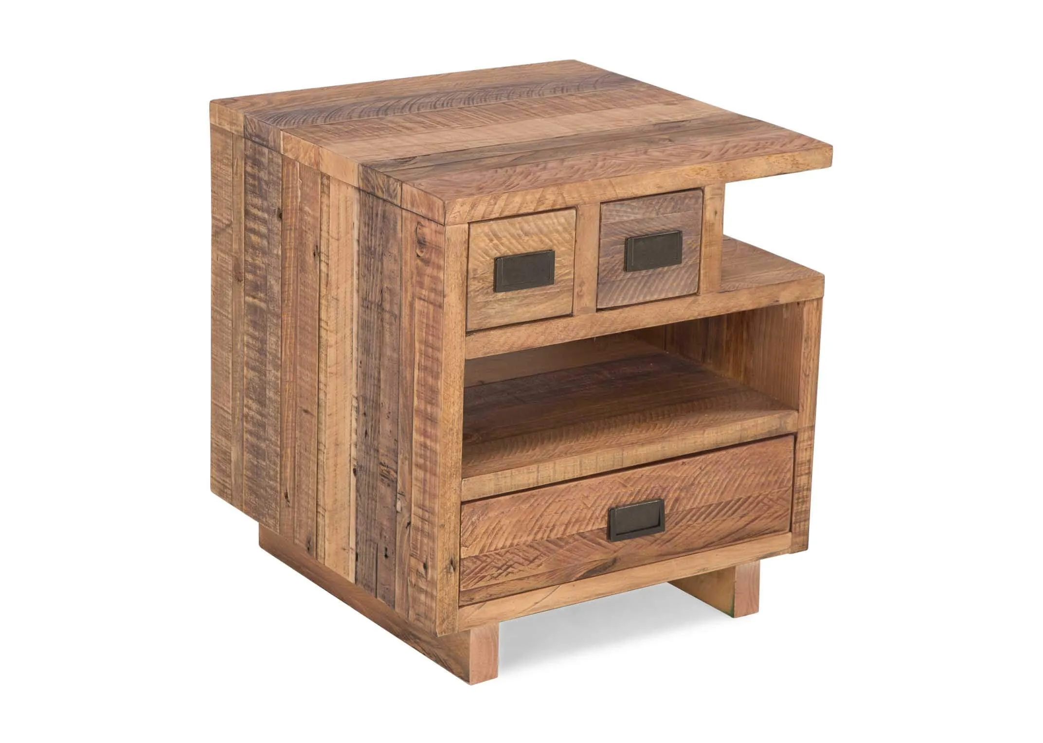 Angled view of the three drawer one shelf pine Polygon lamp table