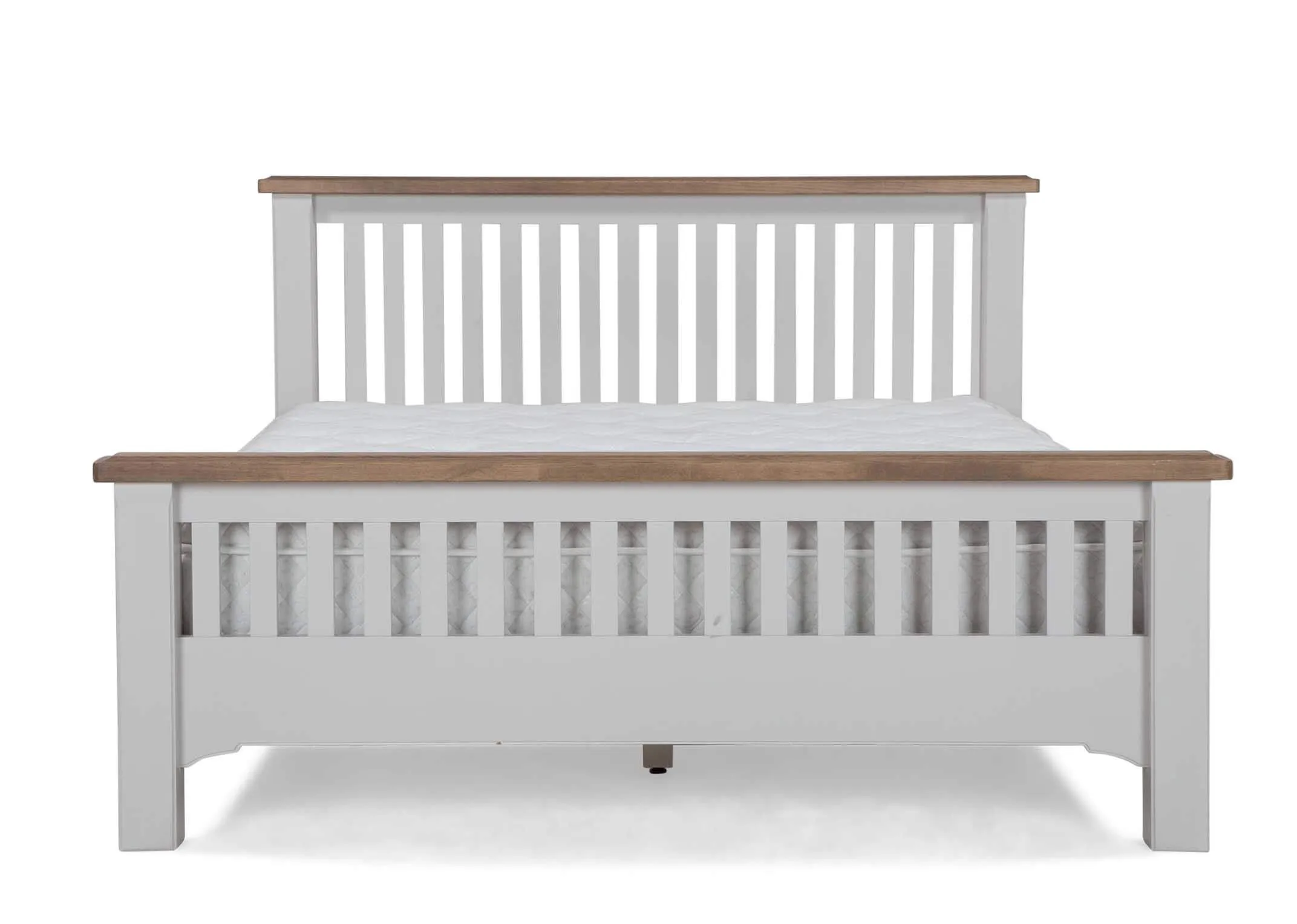 Detailed view of corner of king-size 5 feet grey oak bed frame with light brown ending Georgia