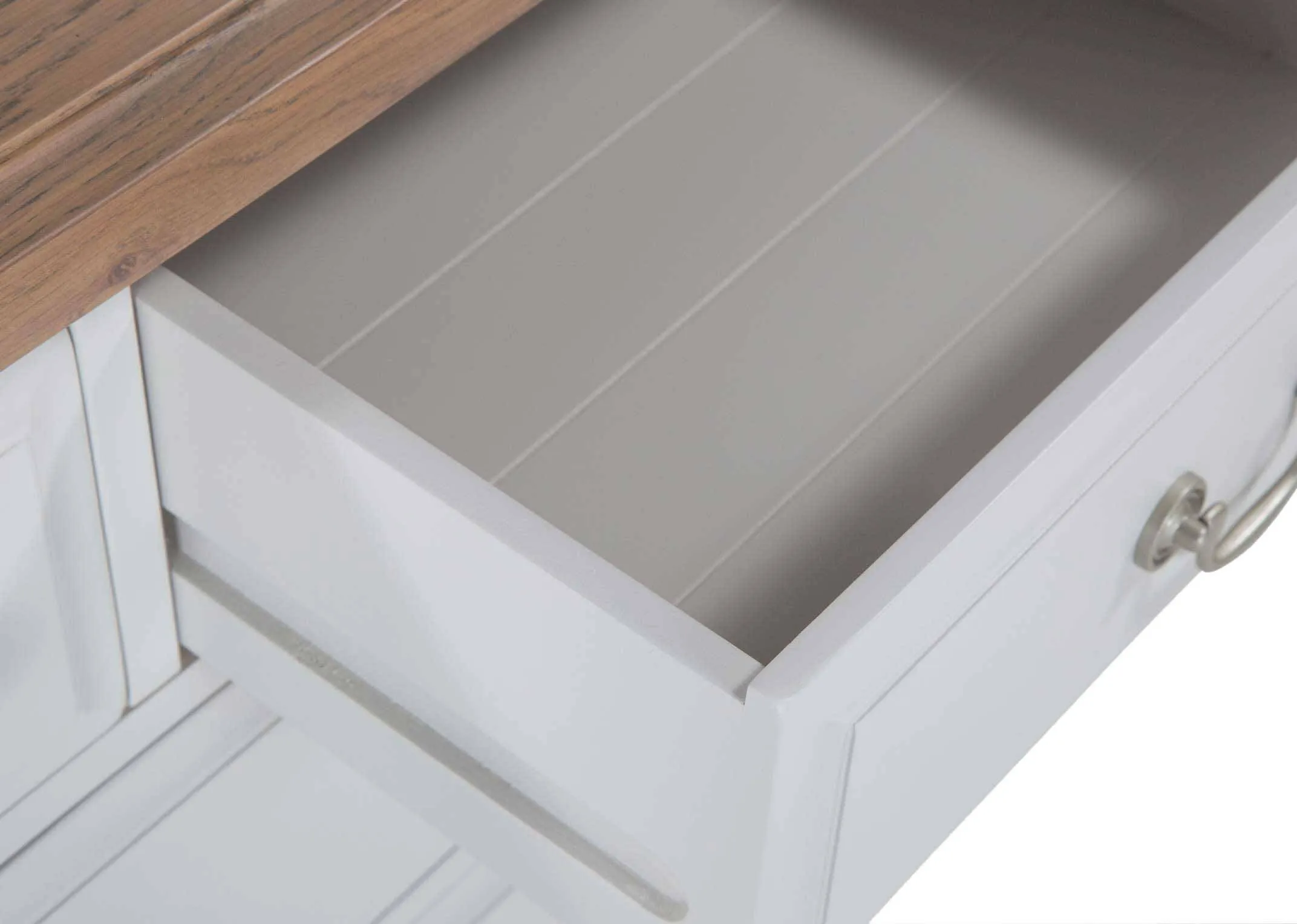 View of top corner and surface of the 3 over 4 drawer grey oak Georgia wide chest