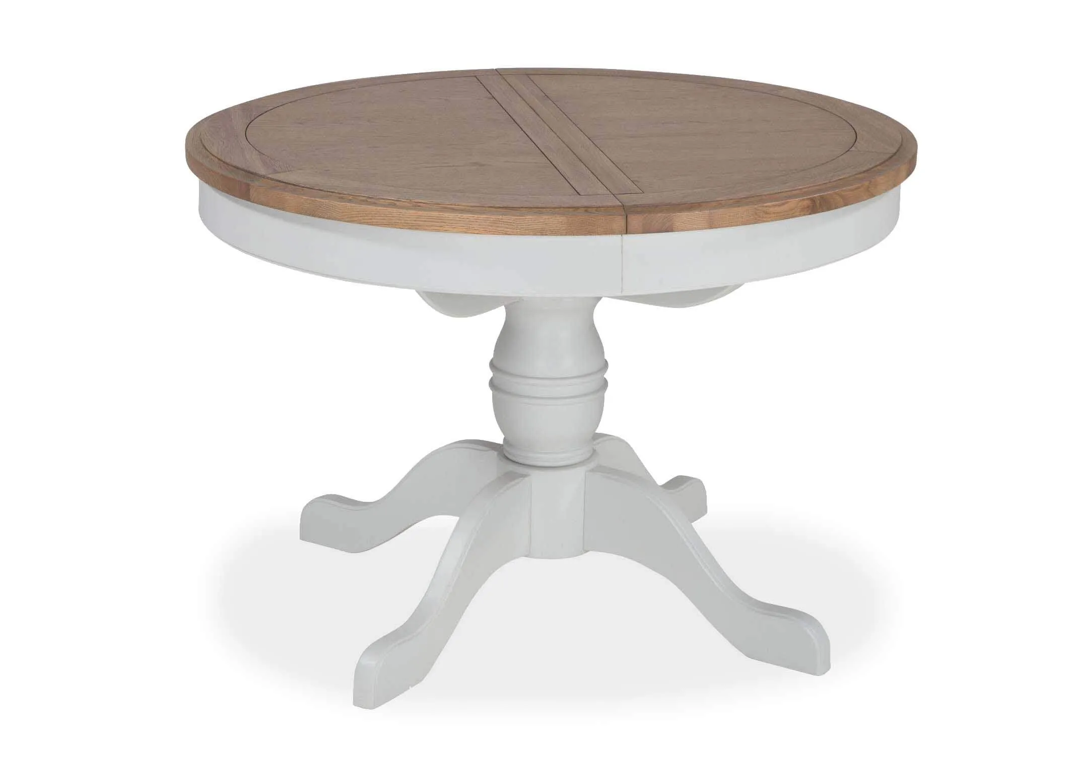 Angled view of the grey oak extendable Georgia dining table with natural oak top