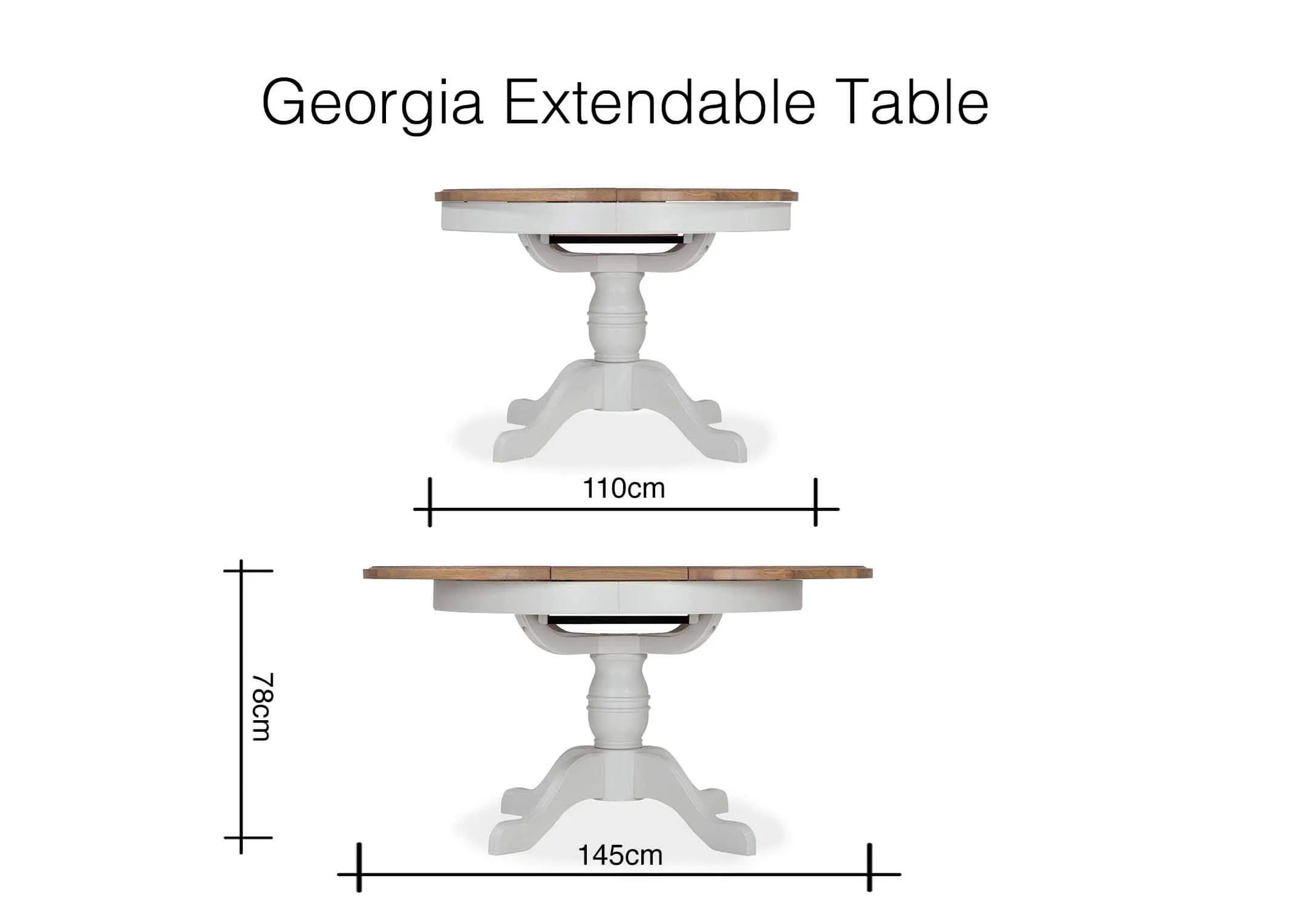 Dimension image for the Georgia round extendable table 78cm (Height) x 110cm (Width) x 145cm (Depth)
