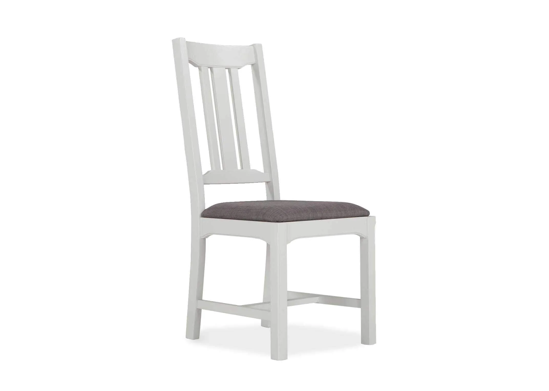 View from front side-angle of the grey oak Georgia dining chair with dark grey fabric seat
