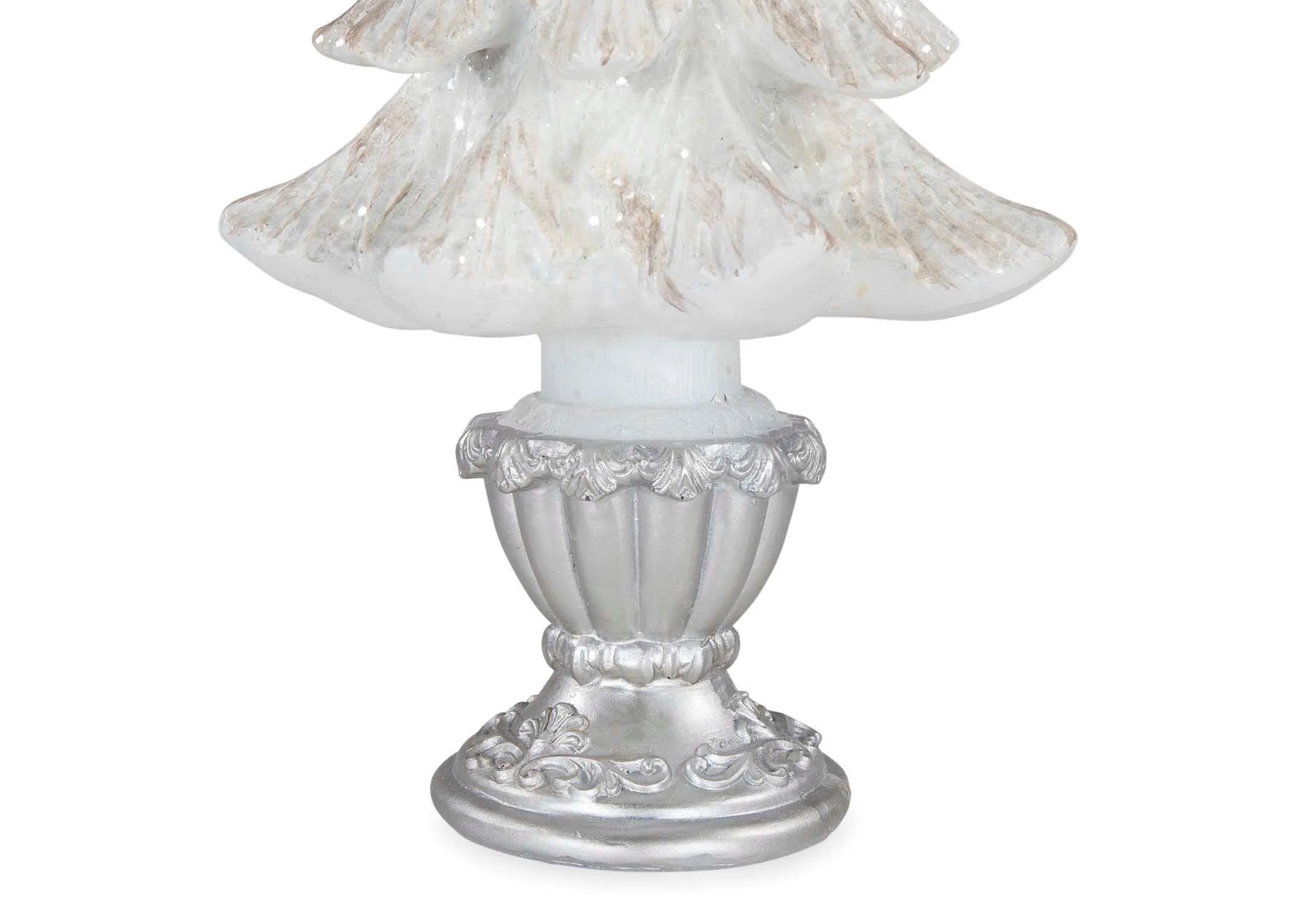 A close up bottom view of Small White Xmas Tree highlighting the silver stand of the tree.