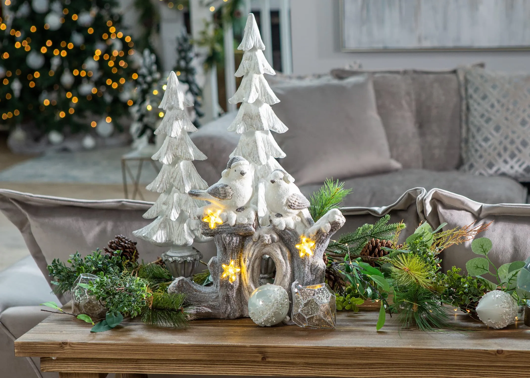 A close up top view of Small White Xmas Tree highlighting the white leaves of the tree.