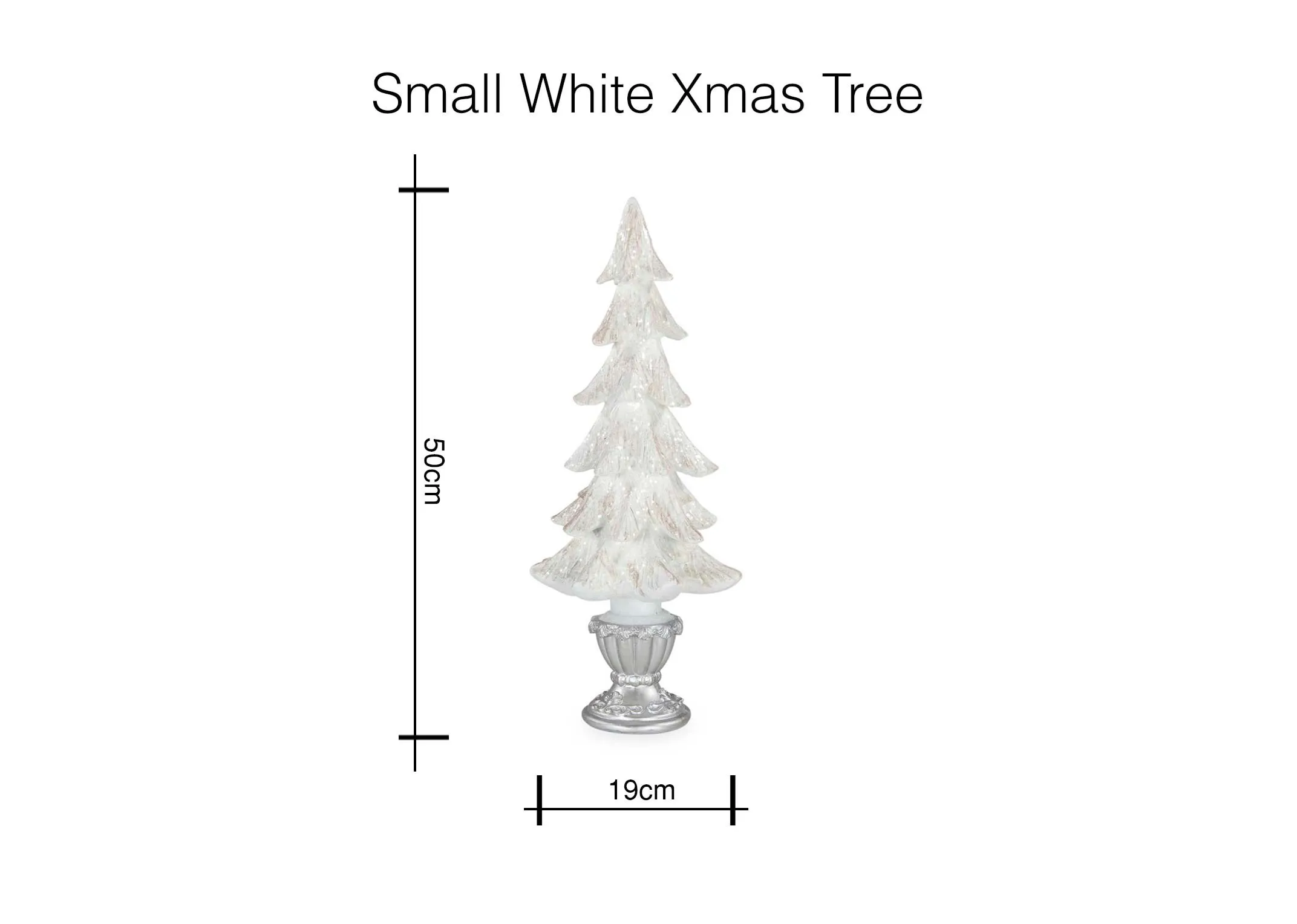 A dimension shot of Small White Xmas Tree with 50 cm (Height) x 15 cm (Diameter).