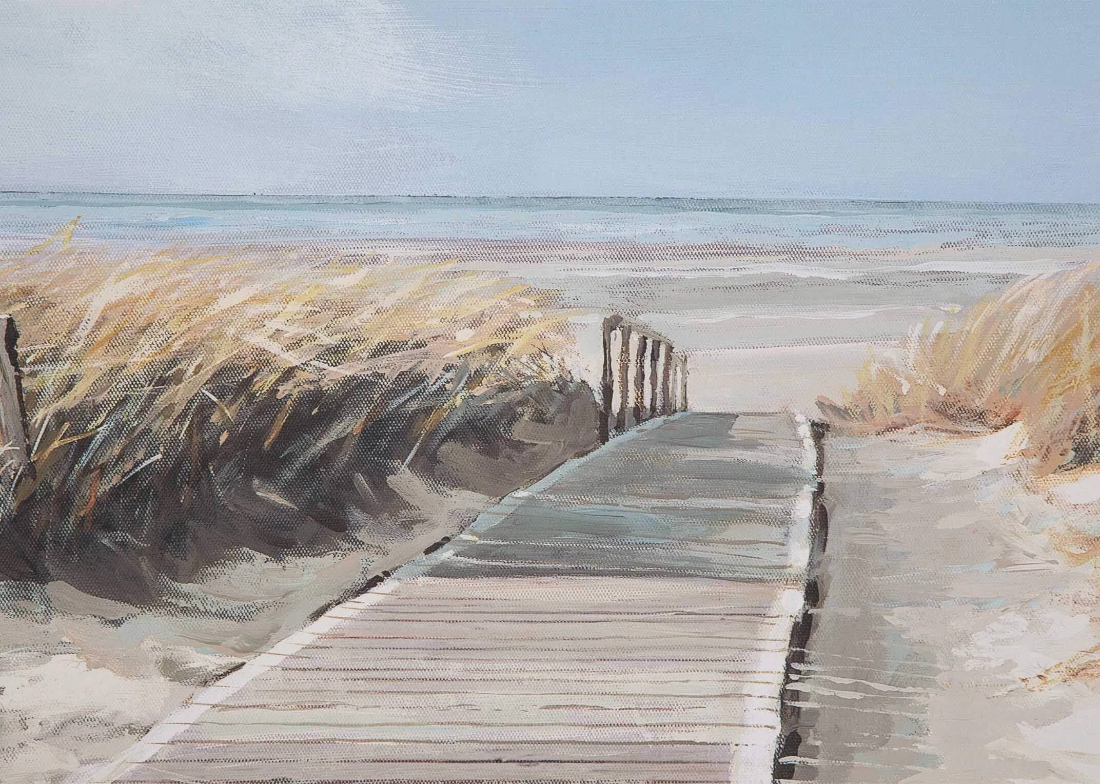 Adelene Fletcher's View to Sea frame print detailed close-up of the wooden walkway leading to the sandy beach and sea