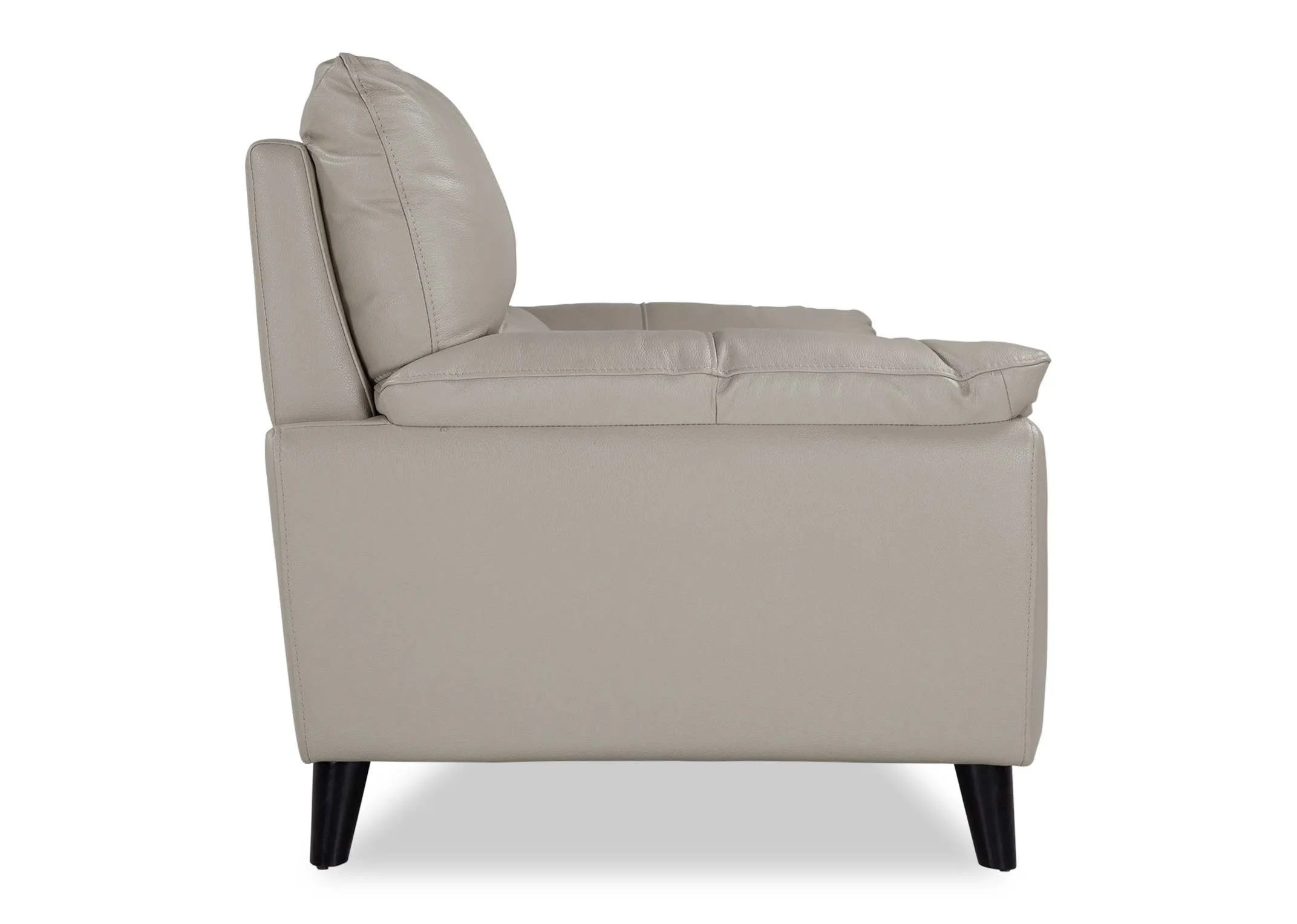 A view from behind of the back of the Alfredo 2 seater light grey leather sofa.