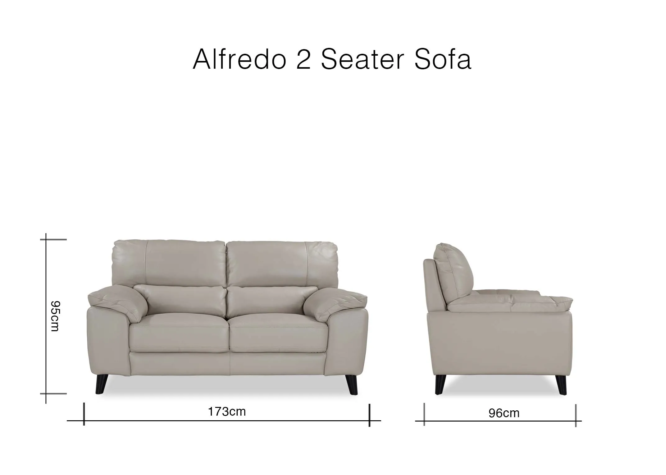 A diemsnion image for the Alfredo 2 seater light grey leather sofa 95cm (Height) x 173cm (Width) x 96cm (Depth)