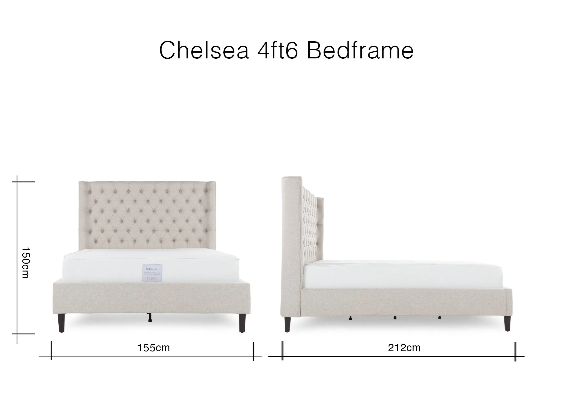 A dimension image of the 4 ft 6 beige fabric Chelsea bedframe 150cm (Height) x 155cm (Width) x 212cm (Depth)