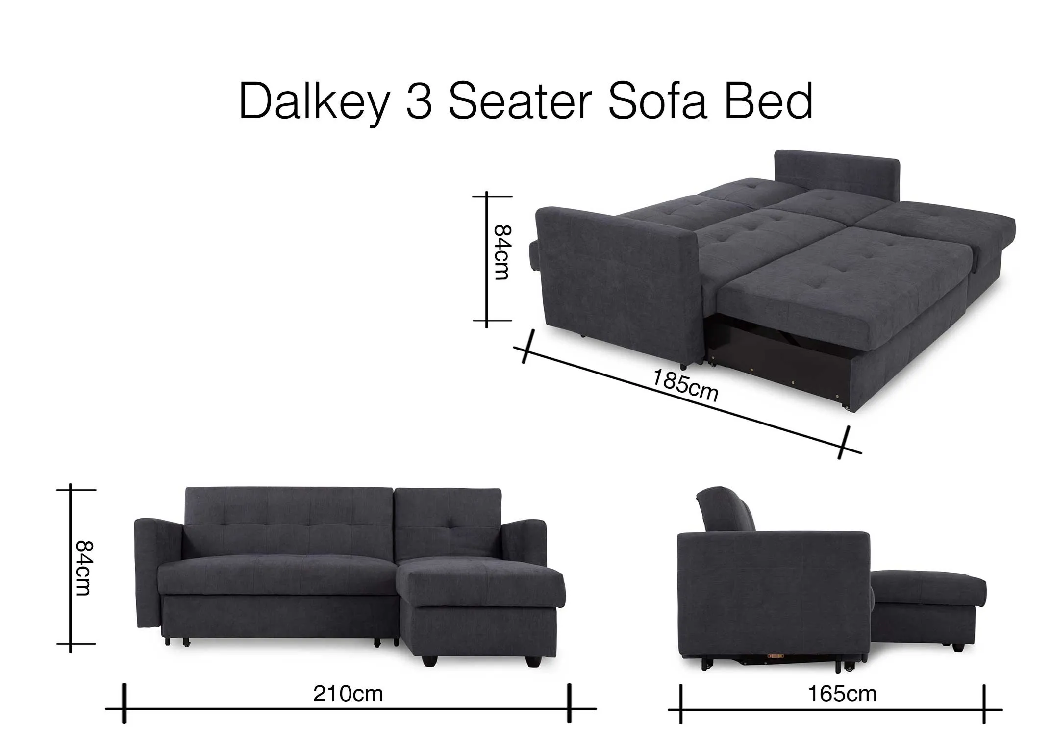 A dimension image of the Dalkey grey fabric 3 seater 84cm (Height) x 210cm /185cm (Width) x 165cm (Depth)