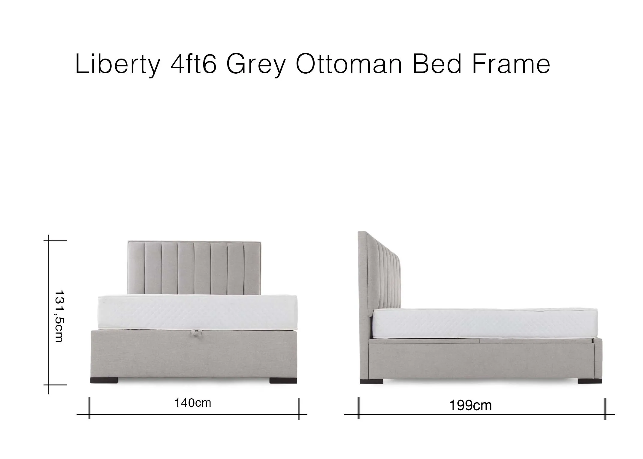A dimension image for the Liberty Grey Ottoman 4ft6 Bed with 140cm (Width) x 199cm(Length) x 131.5cm (Height)