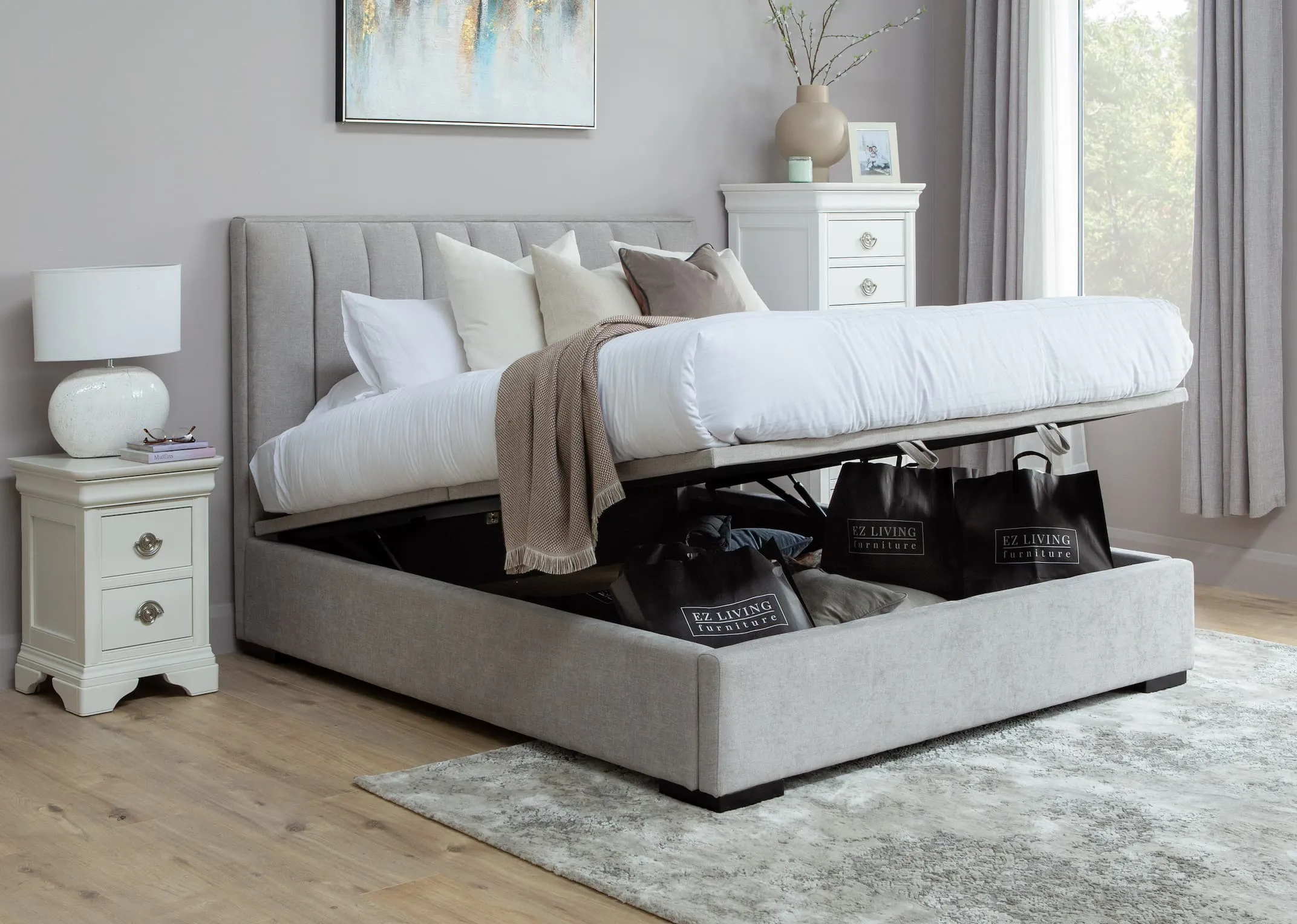 King Size (5 ft) Grey Fabric Ottoman Bed Frame - Liberty