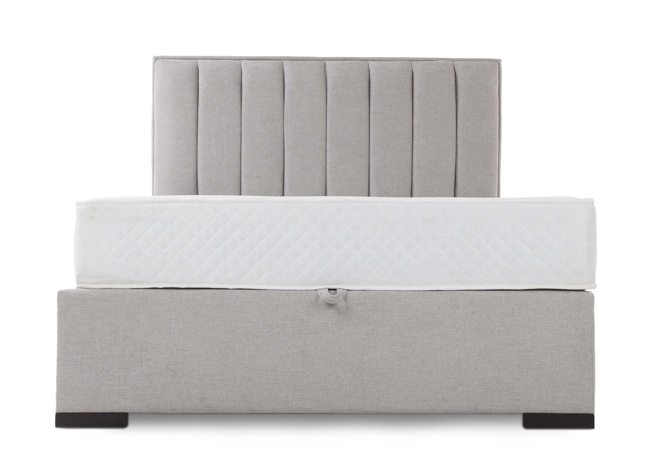 A light grey fabric 5ft ottoman bed frame from EZ Living Furniture's Liberty range. Angled view of bed open shows storage