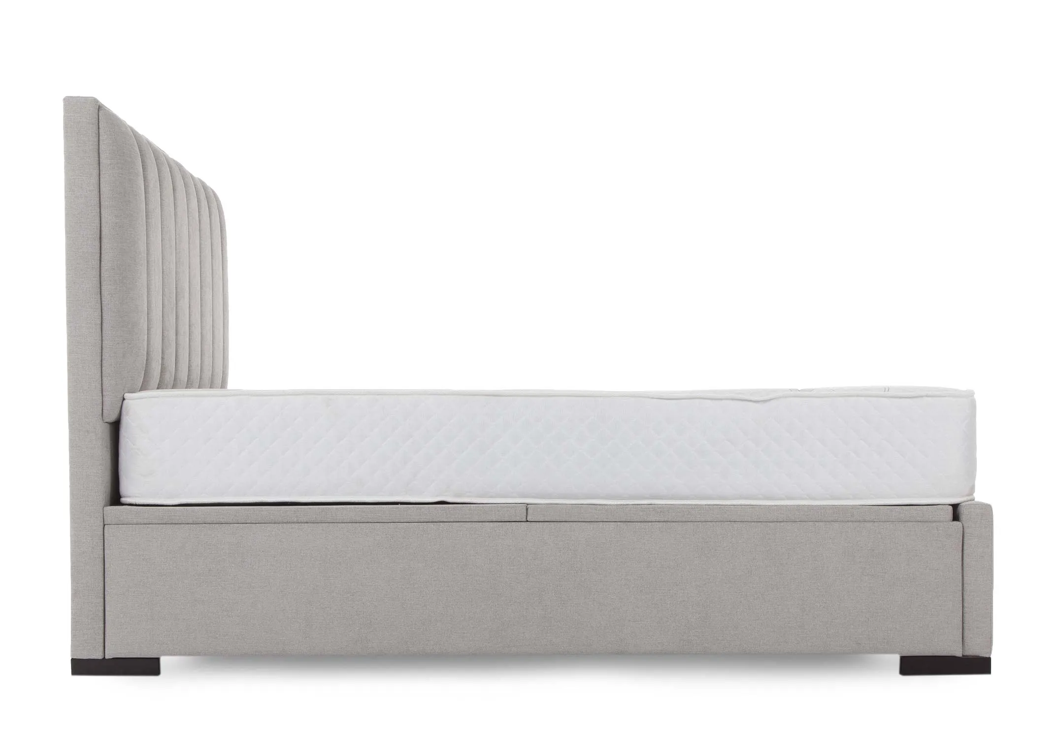 A light grey fabric 5ft ottoman bed frame from EZ Living Furniture's Liberty range. End view shows headboard & solid base