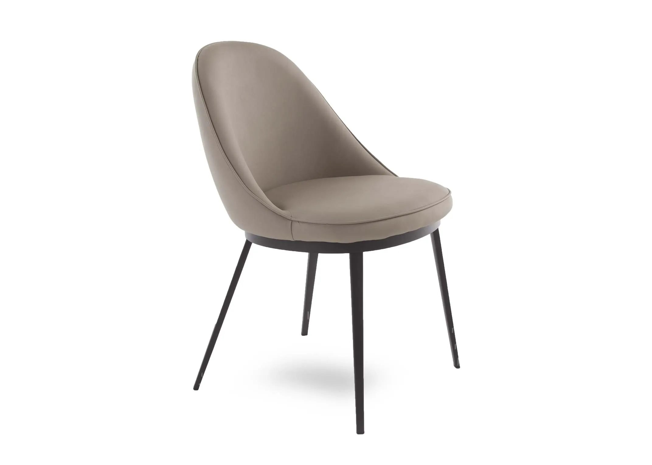 A dining chair with grey faux leather seat % black metal legs from EZ Living Furniture's Gain range. Angled view of chair.