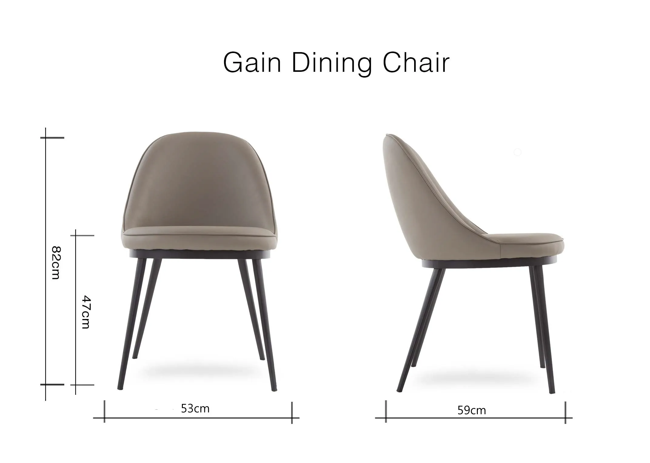 A dining chair with grey faux leather seat % black metal legs from EZ Living Furniture's Gain range. Back view shows curve
