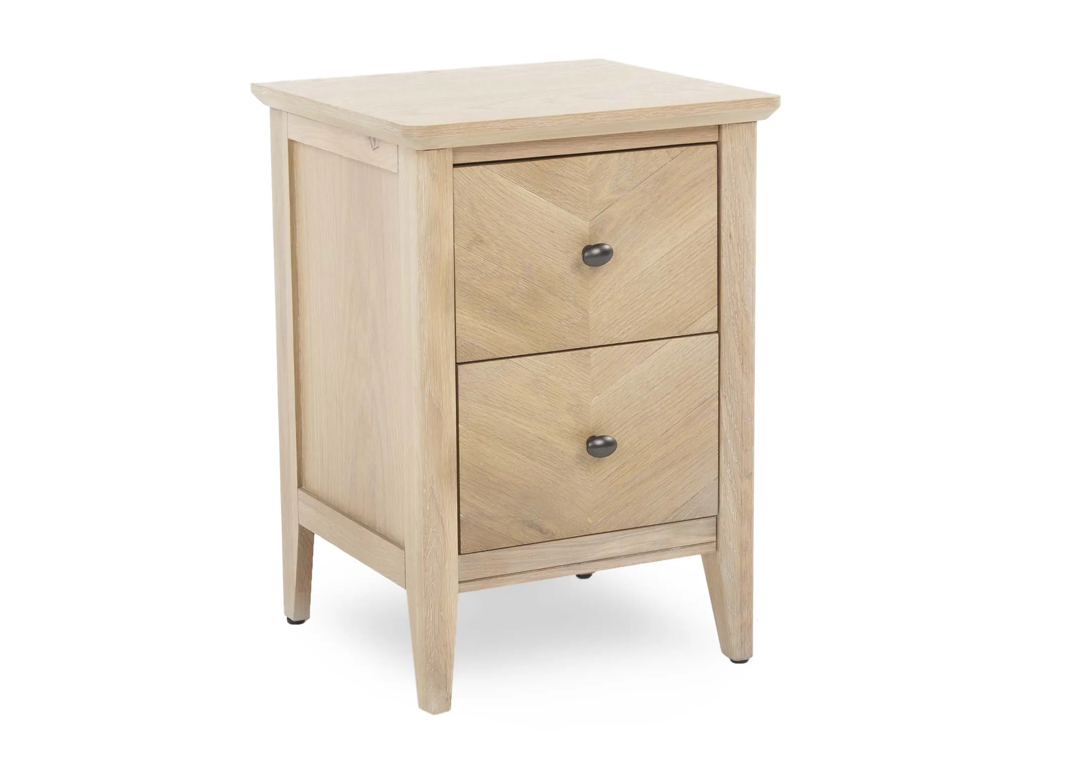 A 2 Drawer Oak & Pine Chevron locker from EZ Living Furniture's Herringbone range. Angled view of finish