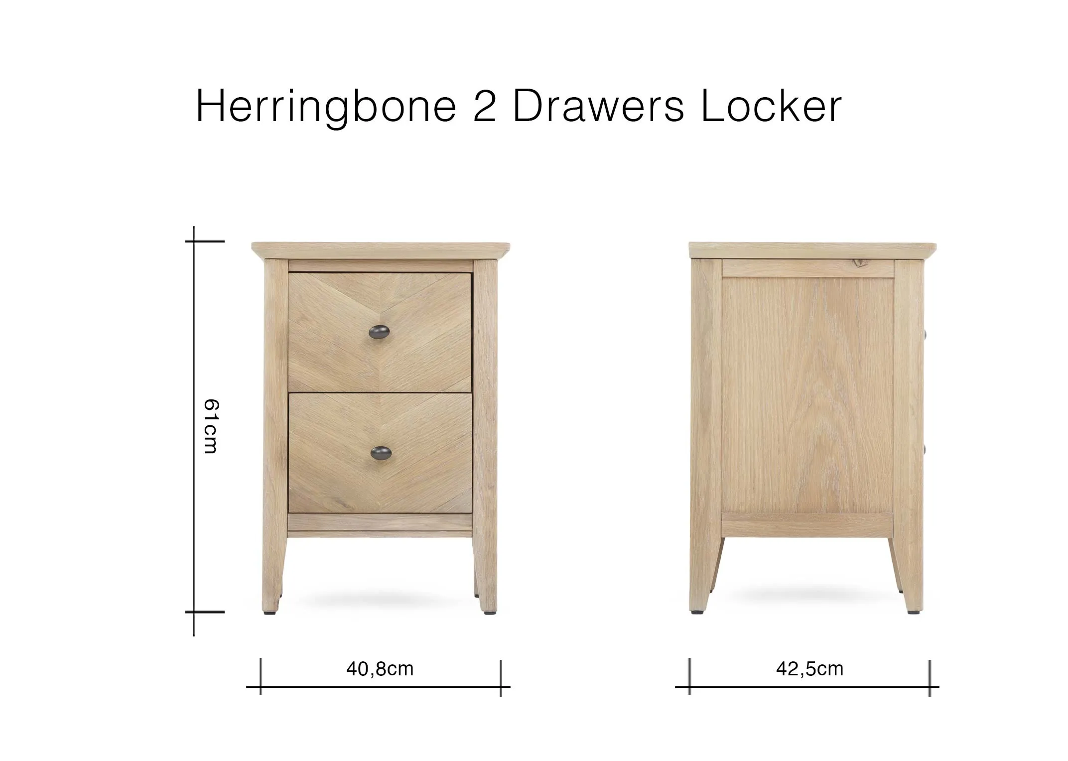 A 2 Drawer Oak & Pine Chevron locker from EZ Living Furniture's Herringbone range. Side view shows depth