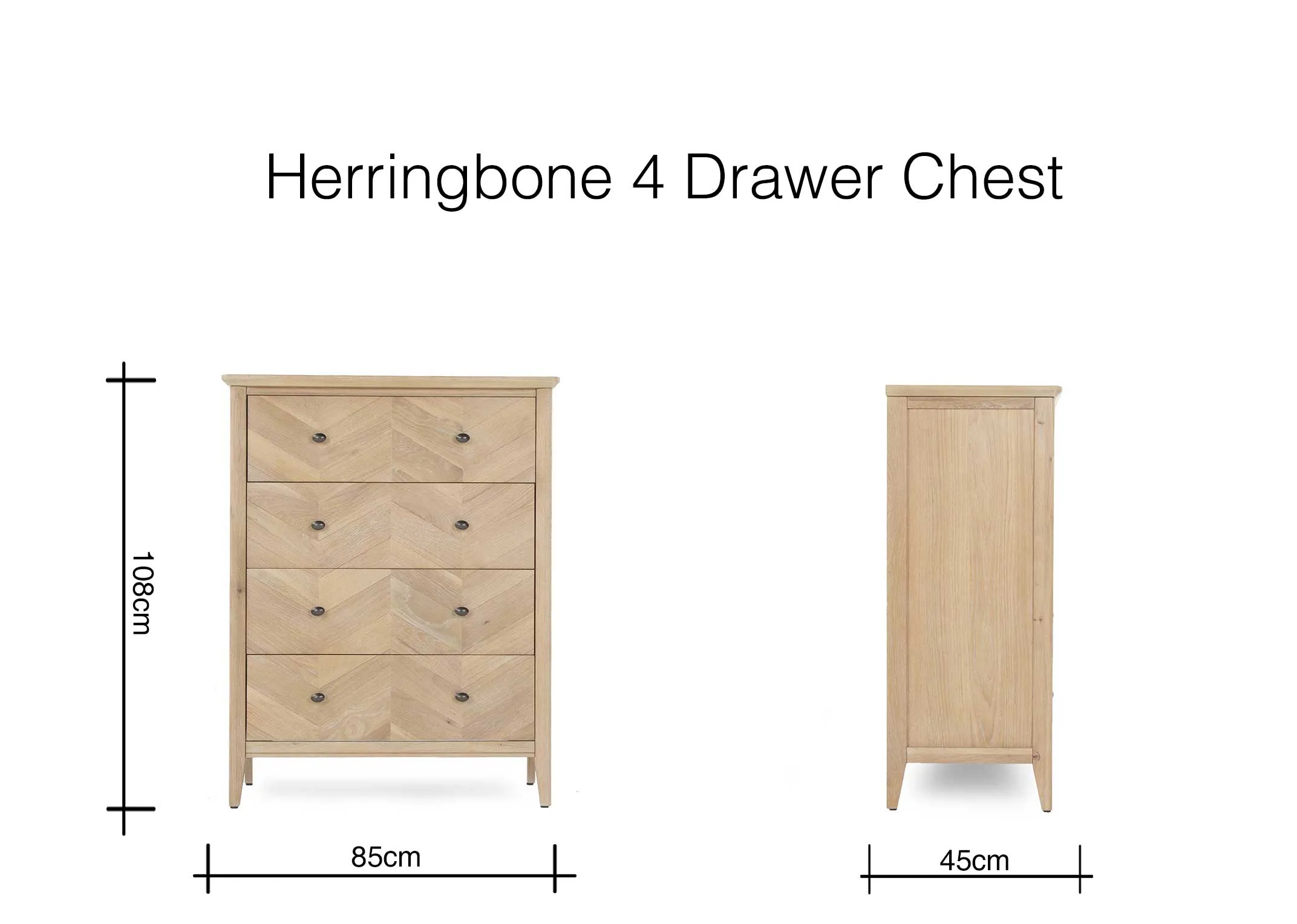 A dimension image of the Herringbone 4 Drawer chest with 85cm (Width) x 108cm (Height) x45cm (Depth)