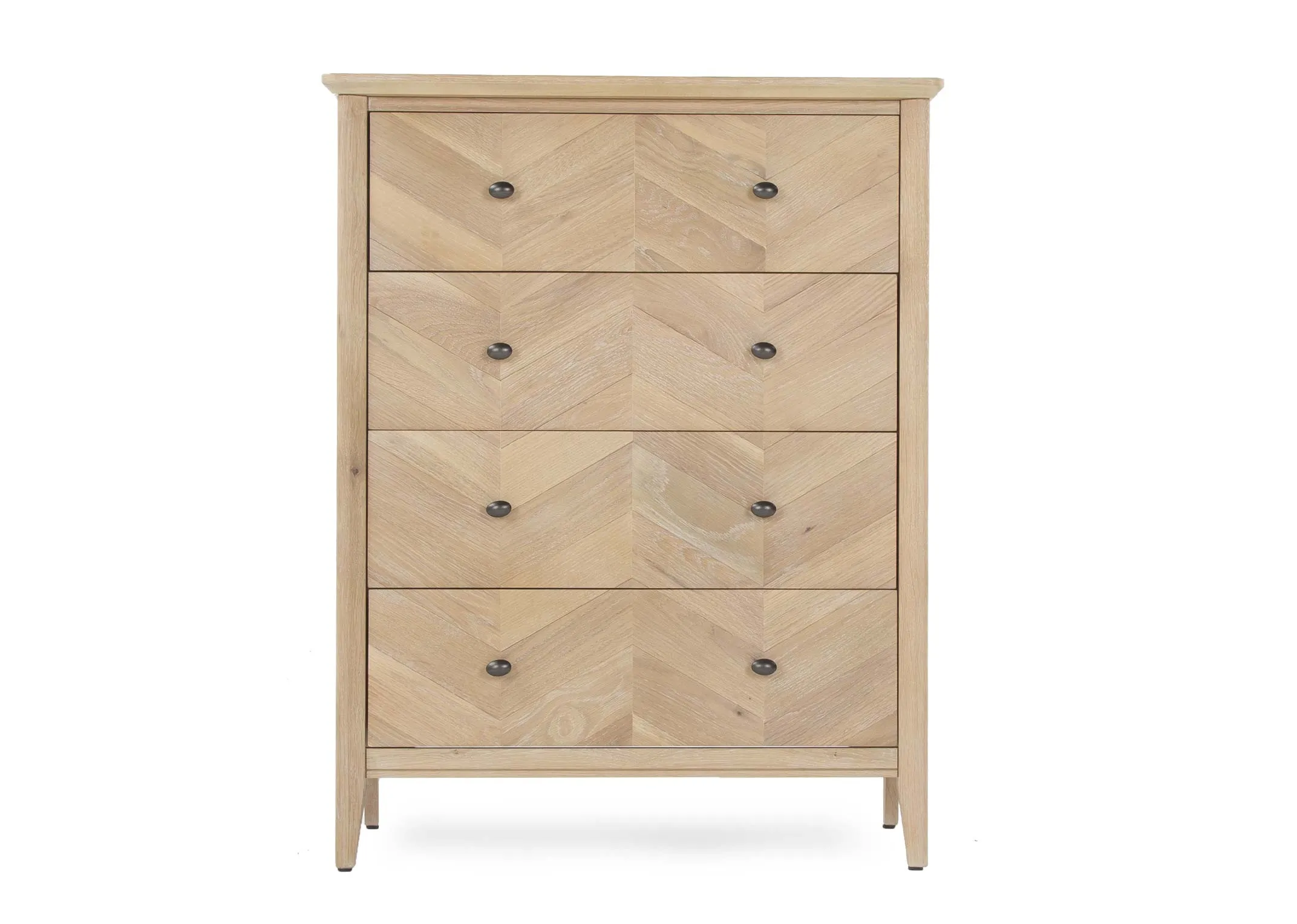 A 4 drawer Oak & Pine Chevron Wide Chest from EZ Living Furniture's Herringbone range. Front view shows finish