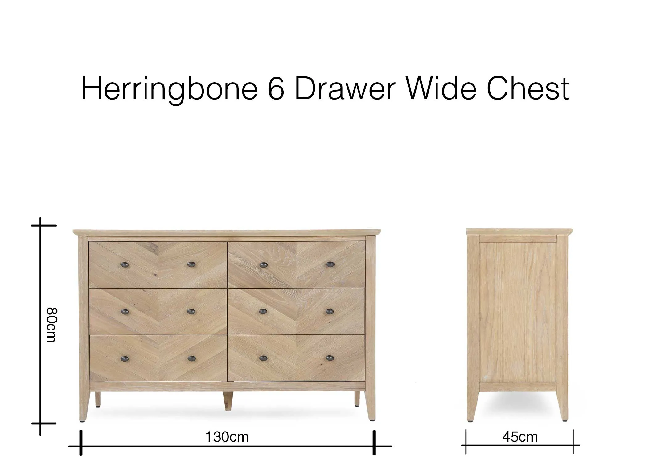 A 6 Drawer Oak & Pine Chevron Wide Chest from EZ Living Furniture's Herringbone range. Front view shows width