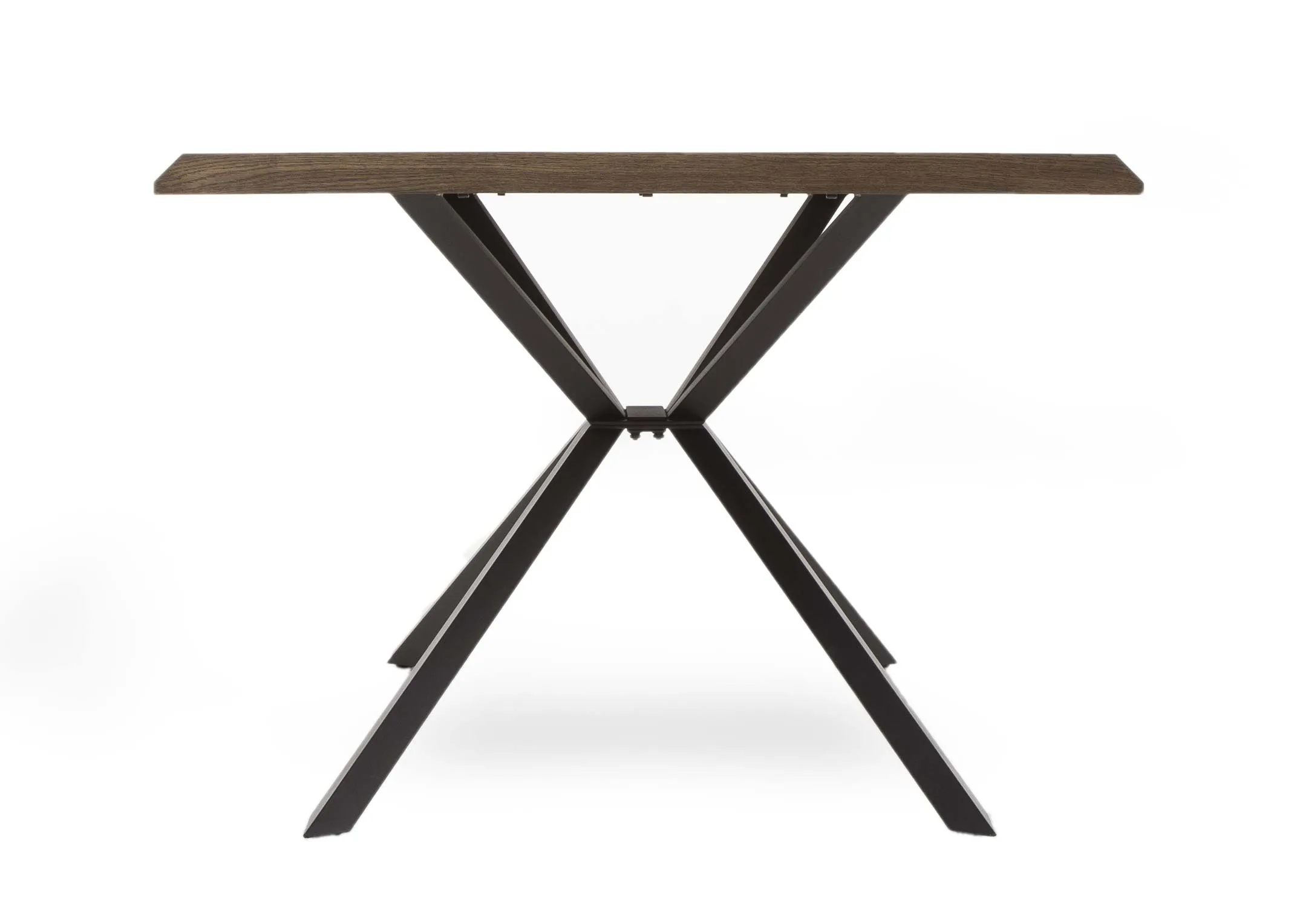 A smoked oak dining table with black x legs from EZ Living Furniture's Arno Range. Side view of crossed metal legs