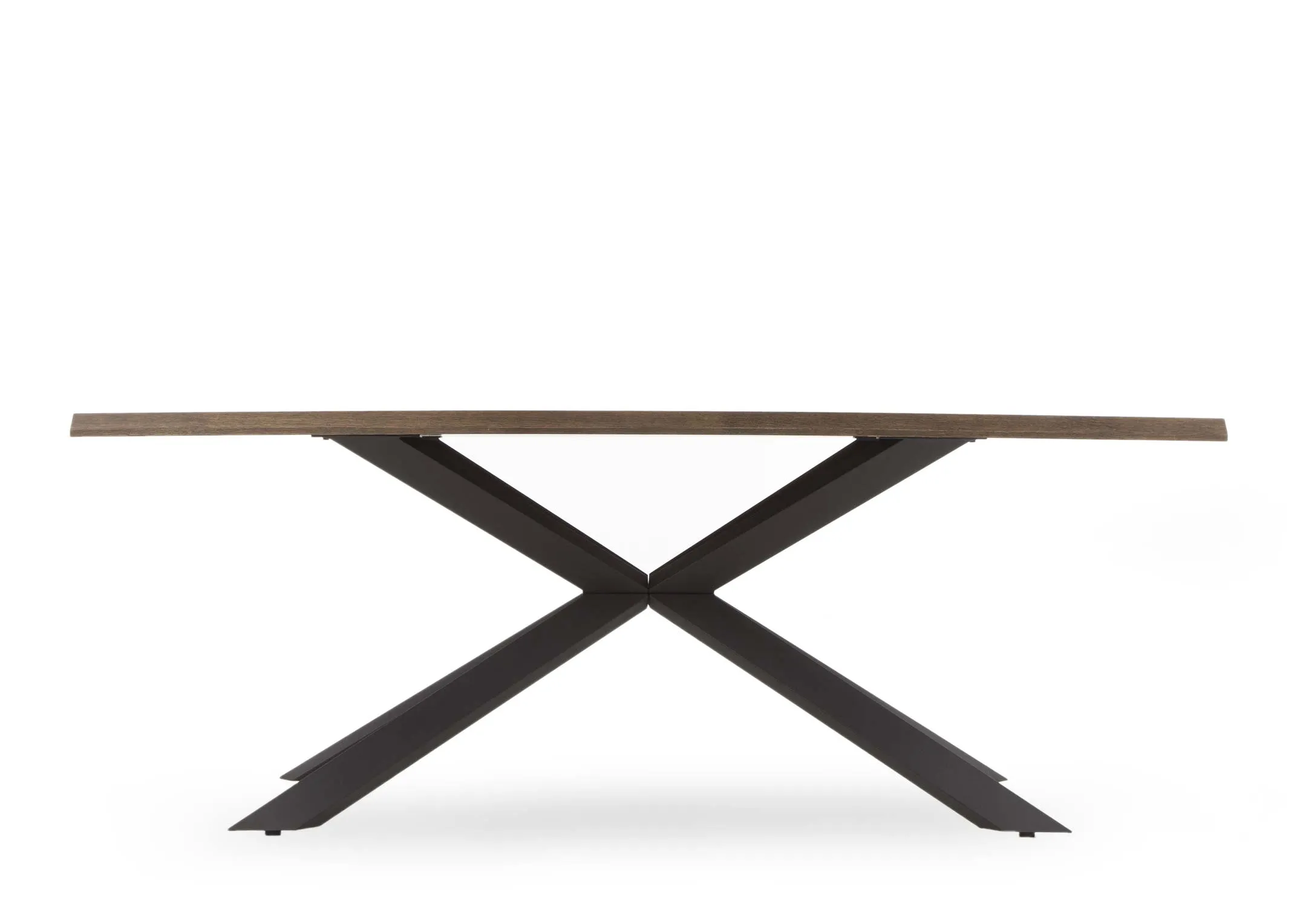 A smoked oak dining table with black x legs from EZ Living Furniture's Arno Range. Front view of thick wood top