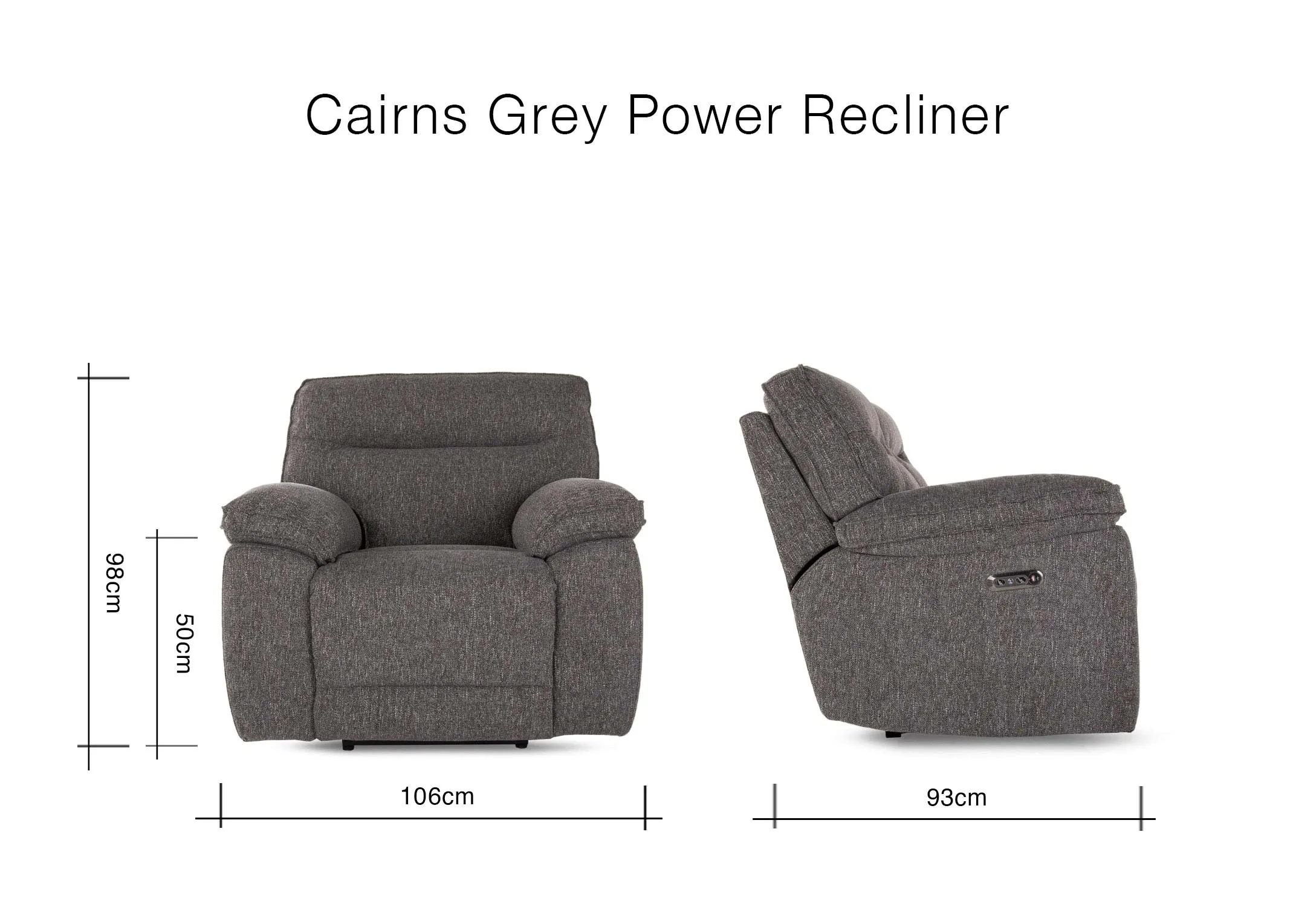 A dimension image of the Cairns Power Recliner with 108cm (Width) x 98cm (Depth) x 96cm (Height