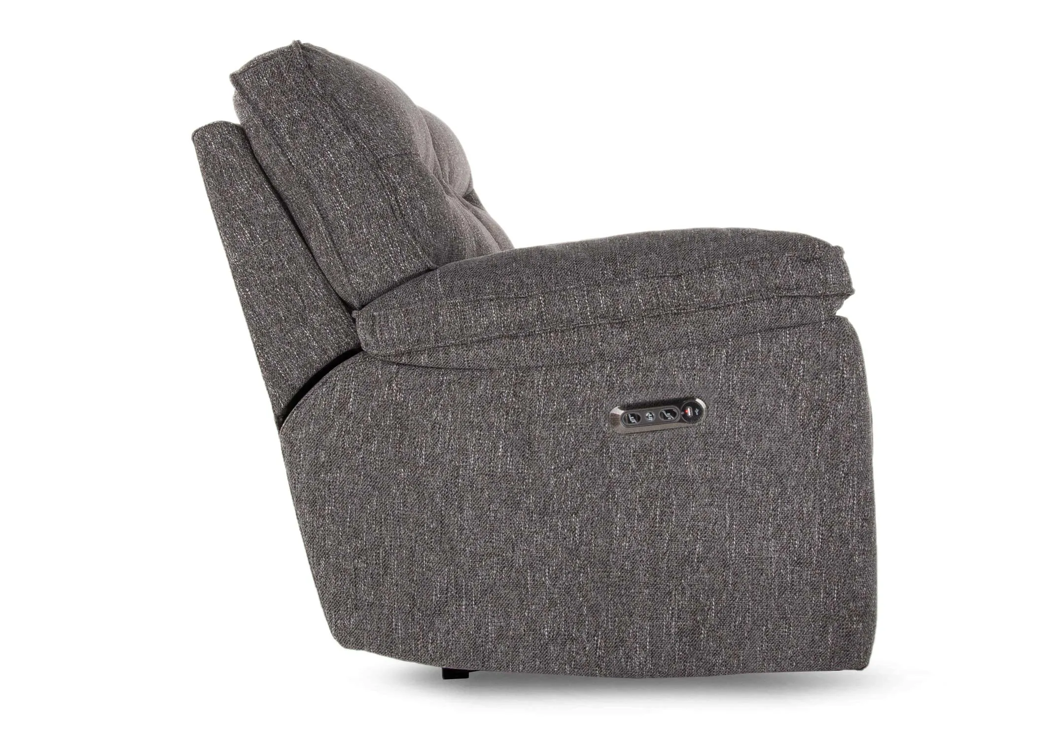 A grey fabric power recliner from EZ Living Furniture's Cairns range. Side view fully reclined
