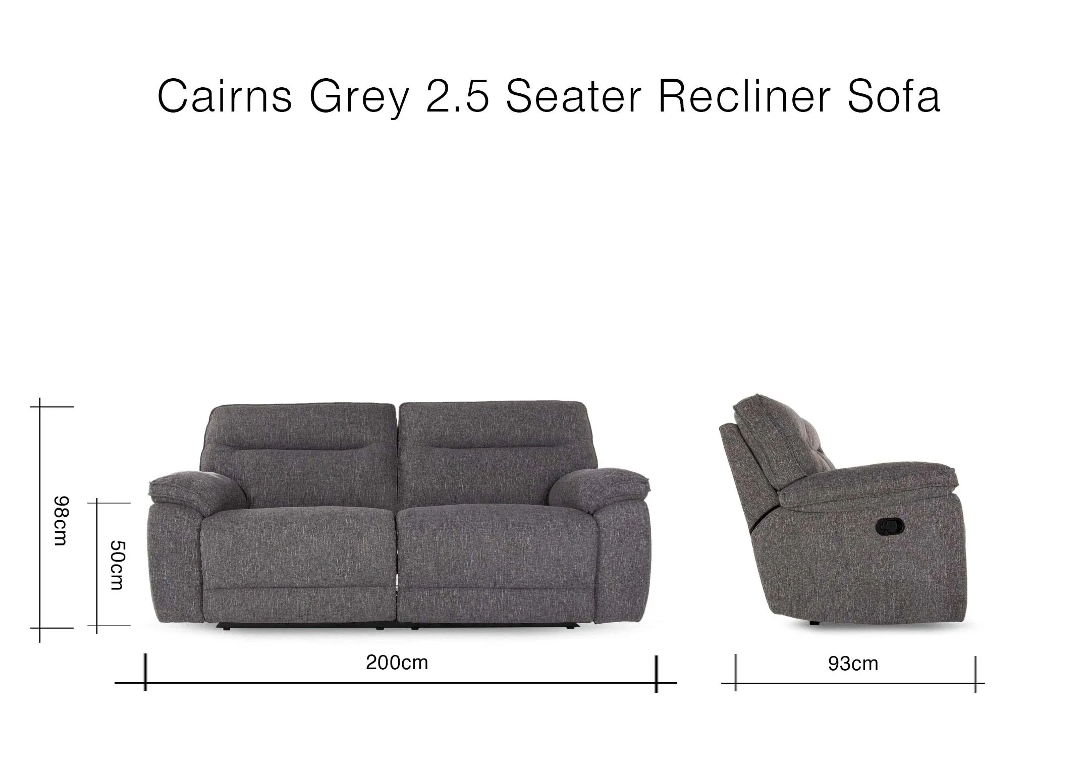 A grey fabric 2.5 seater recliner sofa from EZ Living Furniture's Cairns range. Front view of padded armrests