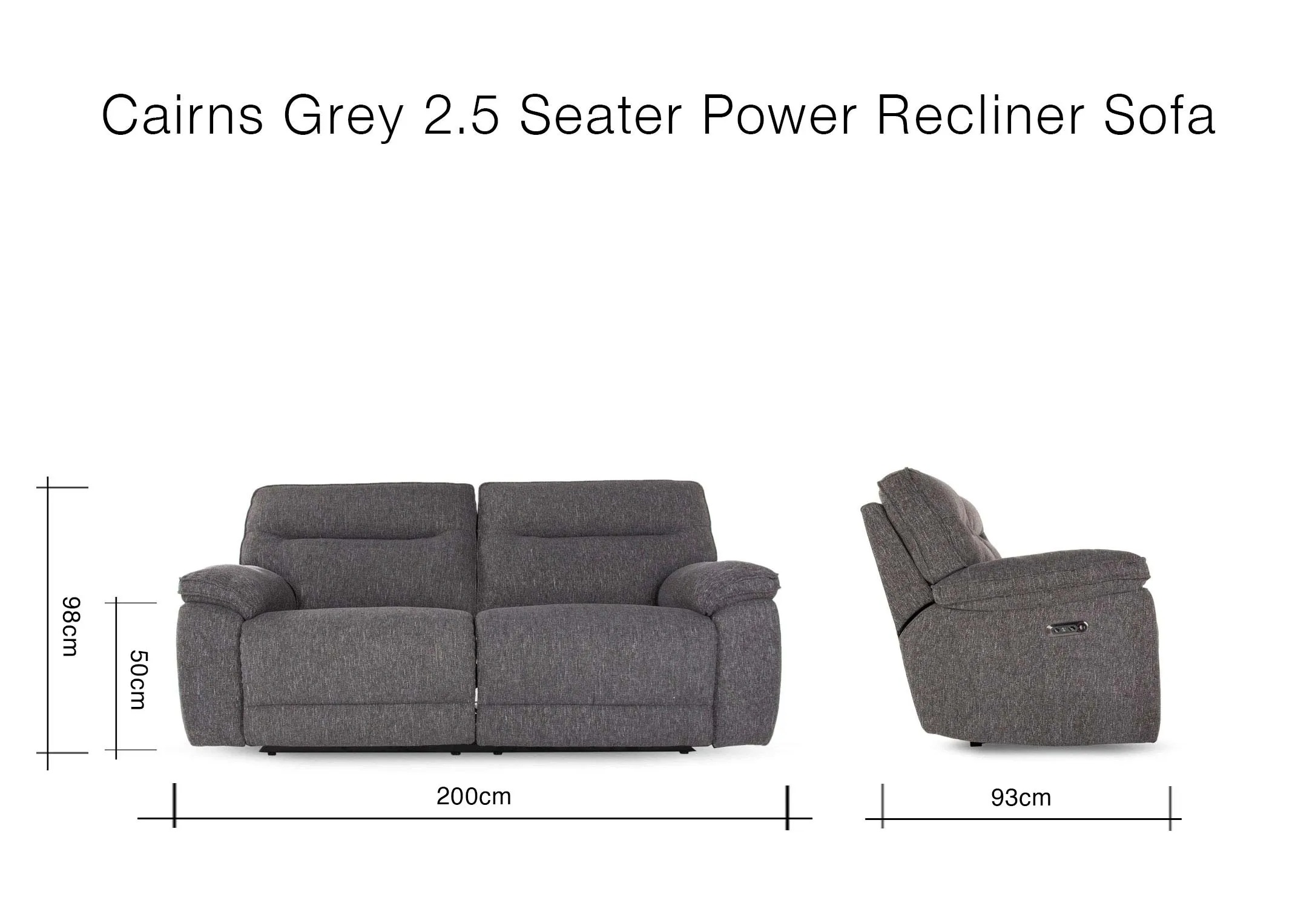 A grey fabric 2.5 seater power recliner from EZ Living Furniture's Cairns range. Back view of warrantied frame
