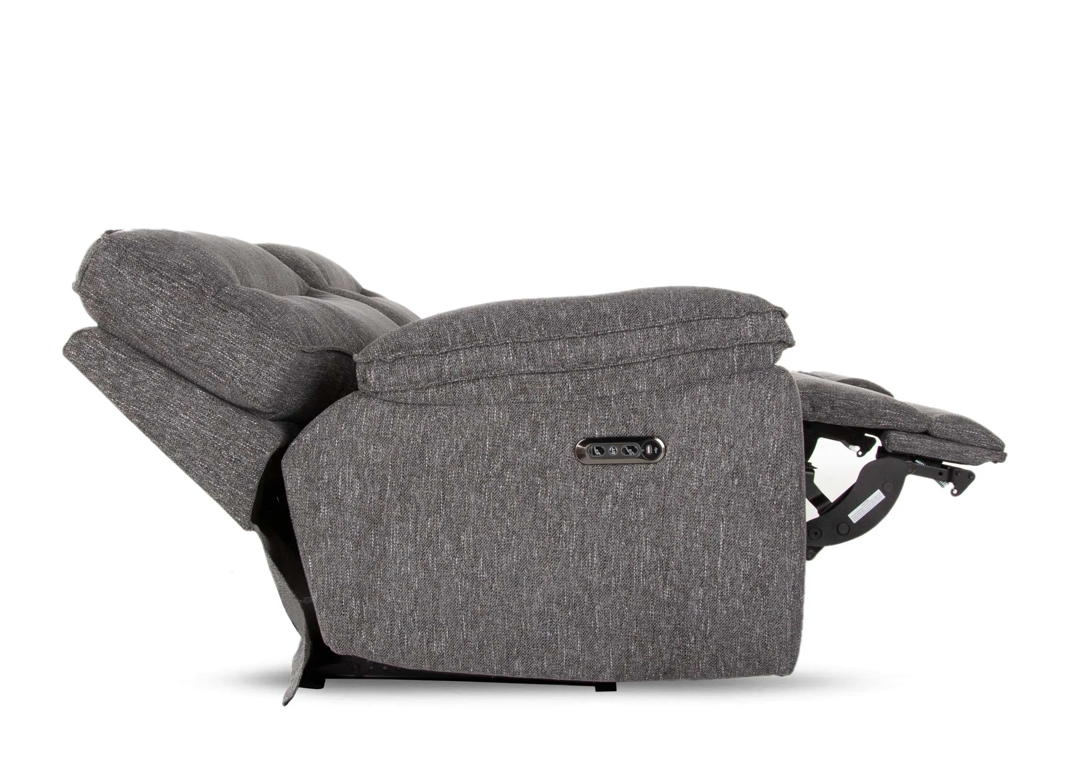 A grey fabric 2.5 seater power recliner from EZ Living Furniture's Cairns range. Side view of button