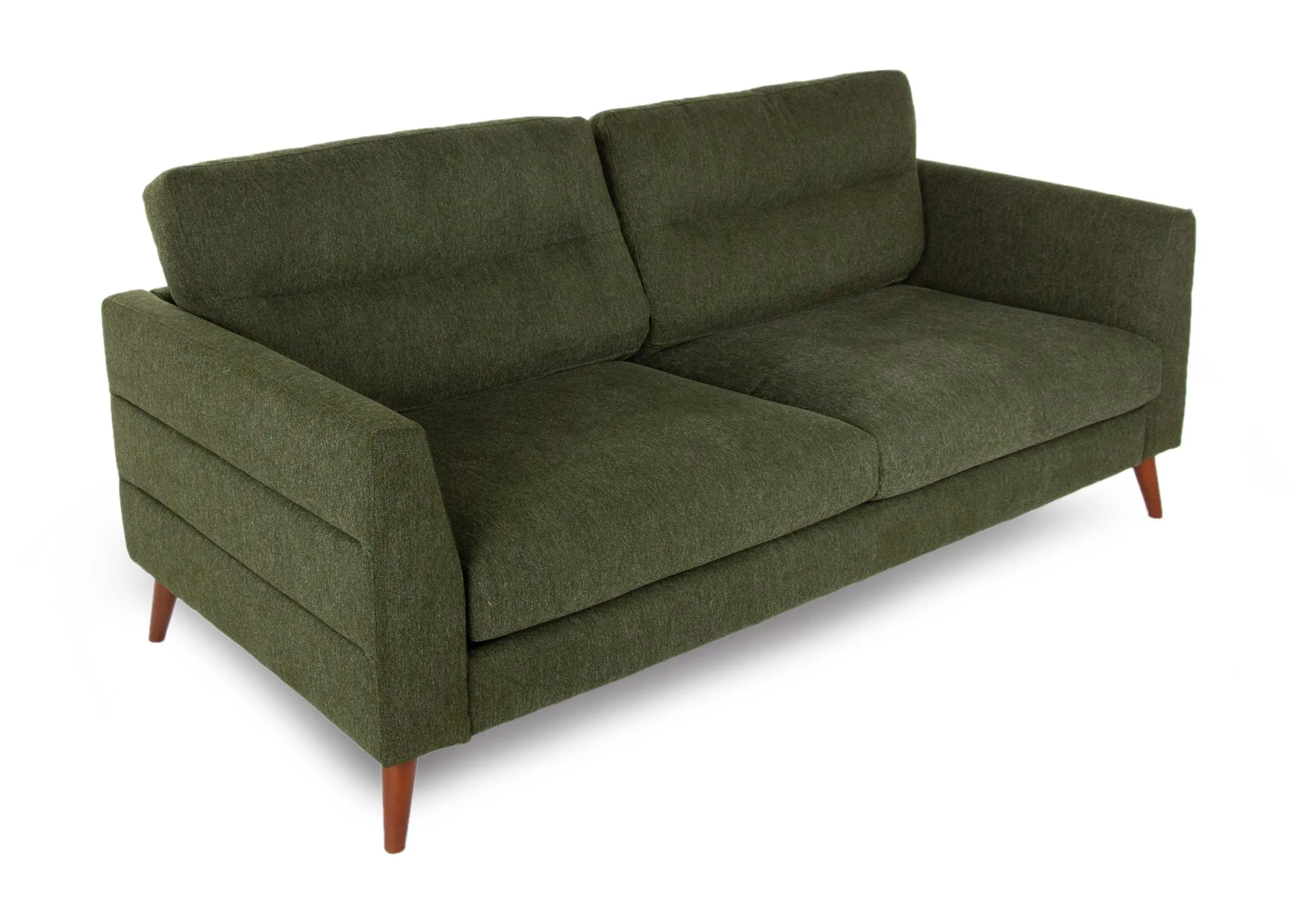 A green fabric 3 seater sofa with wood feet from EZ Living Furniture's Presley range. 