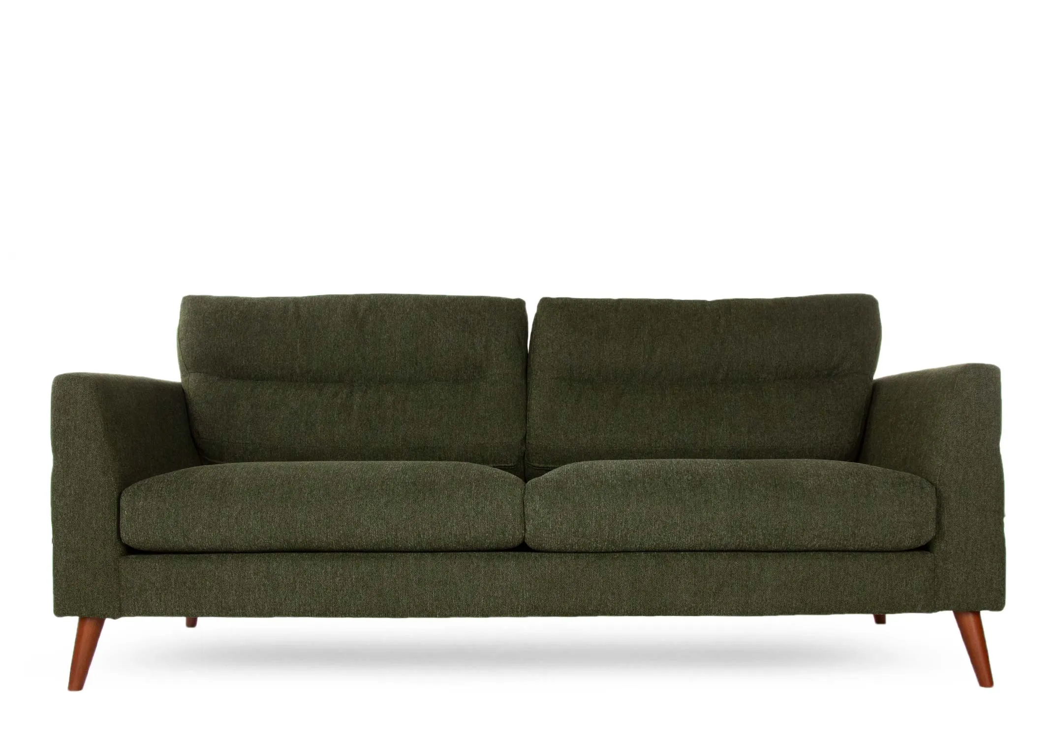 A green fabric 3 seater sofa with wood feet from EZ Living Furniture's Presley range. Front view of plush cushions