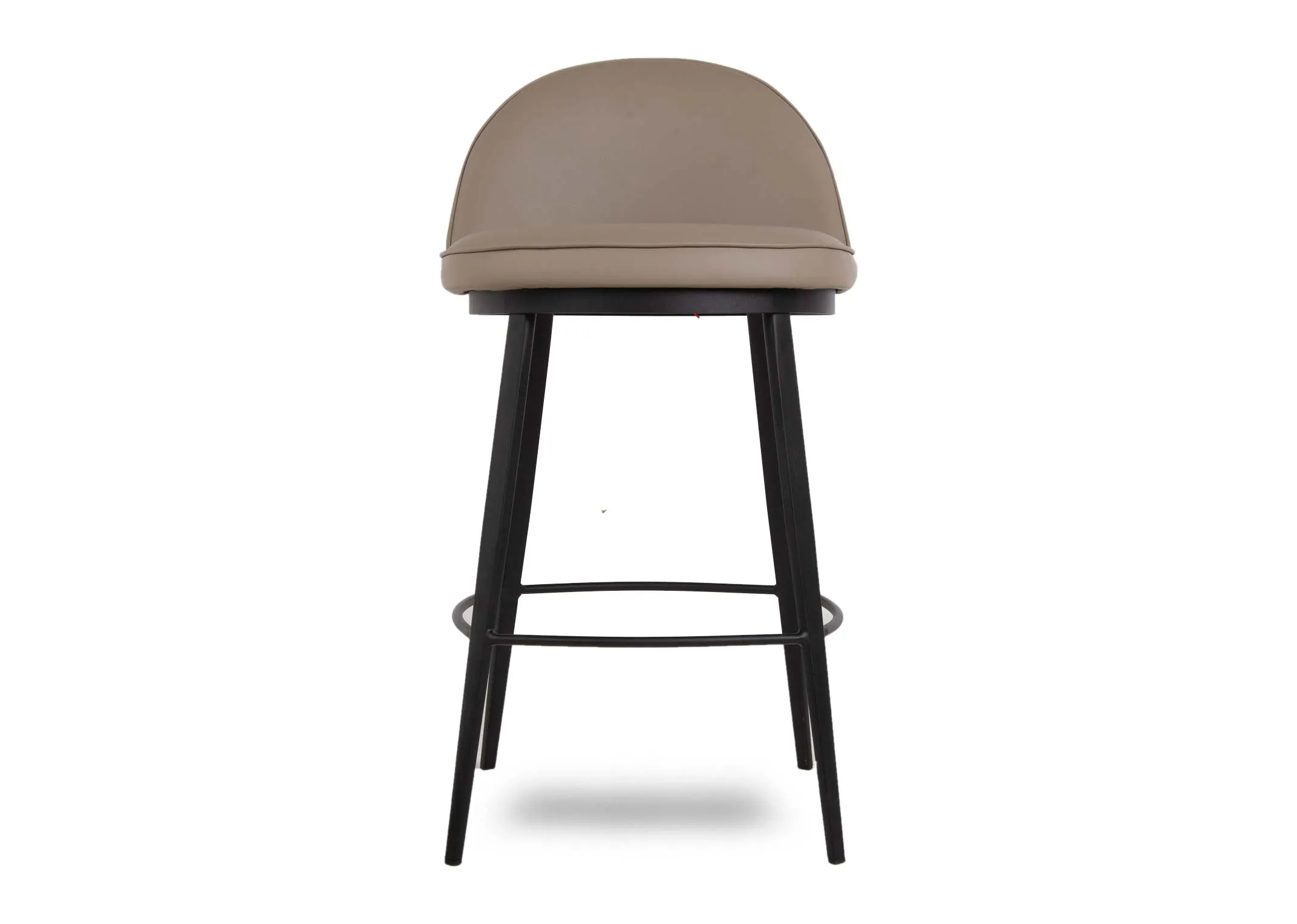 A faux taupe leather bar stool with arched seat back from EZ Living Furniture's Gain range.  Front view of metal foot wrung