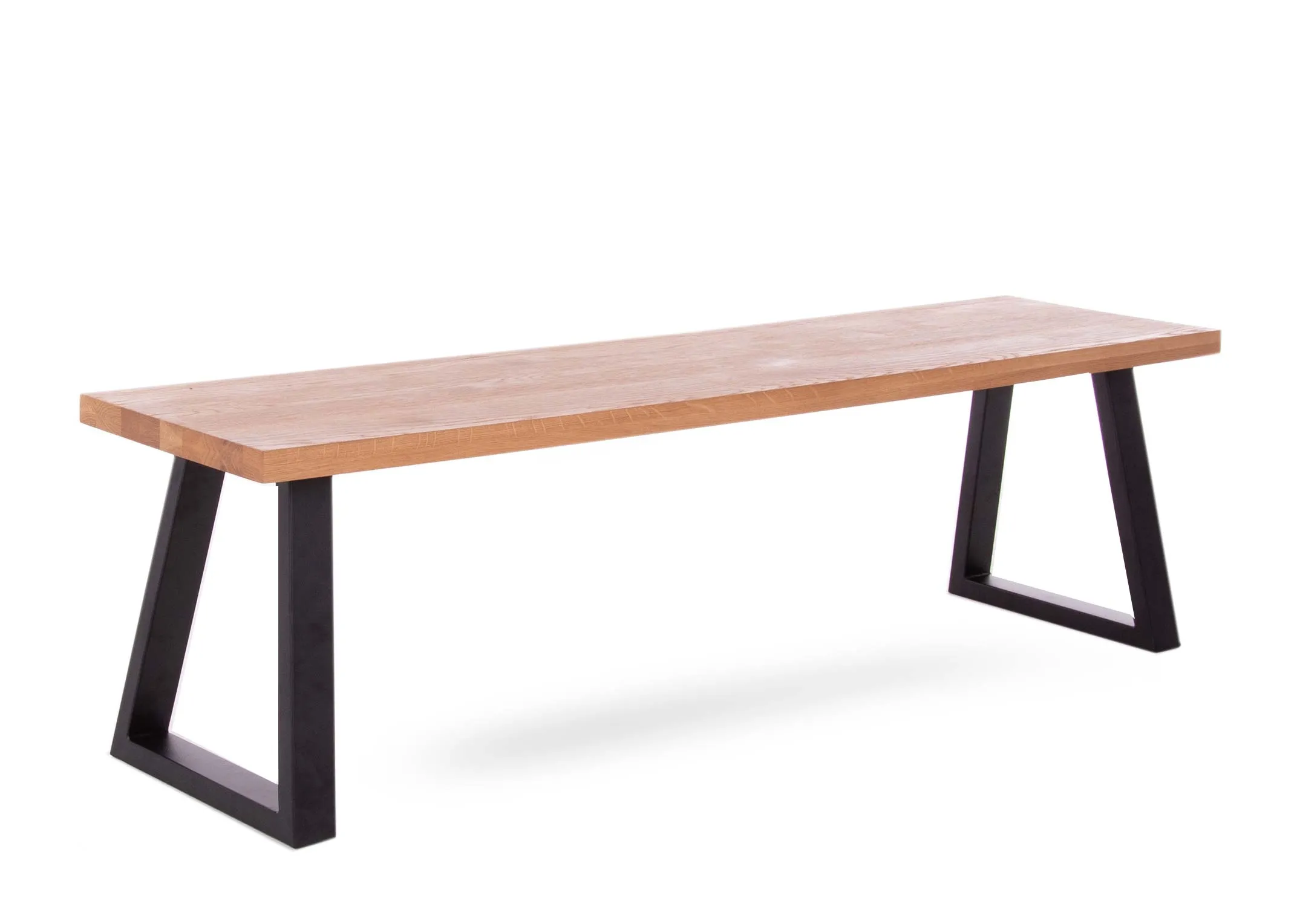 A 200cm oak dining bench with metal legs from EZ Living Furniture's Renvyle range. Angled view of metal legs