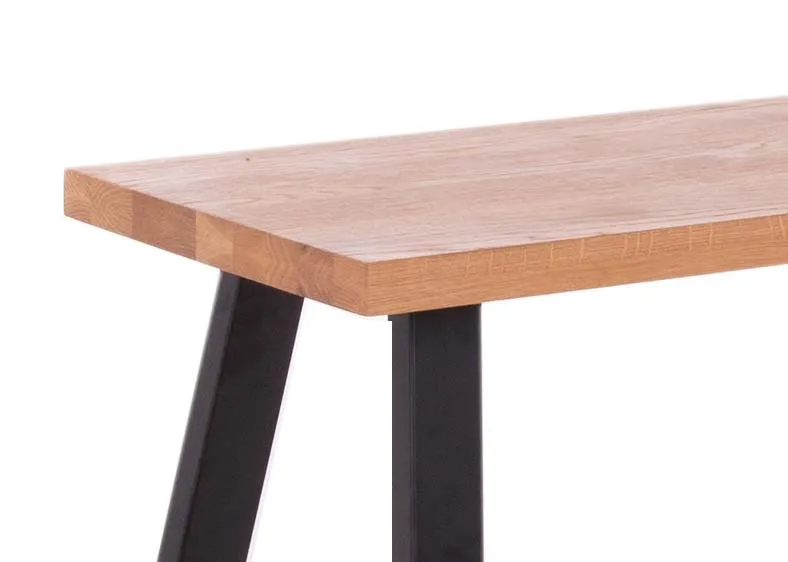 A 200cm oak dining bench with metal legs from EZ Living Furniture's Renvyle range. Closeup view of oak texture & grain