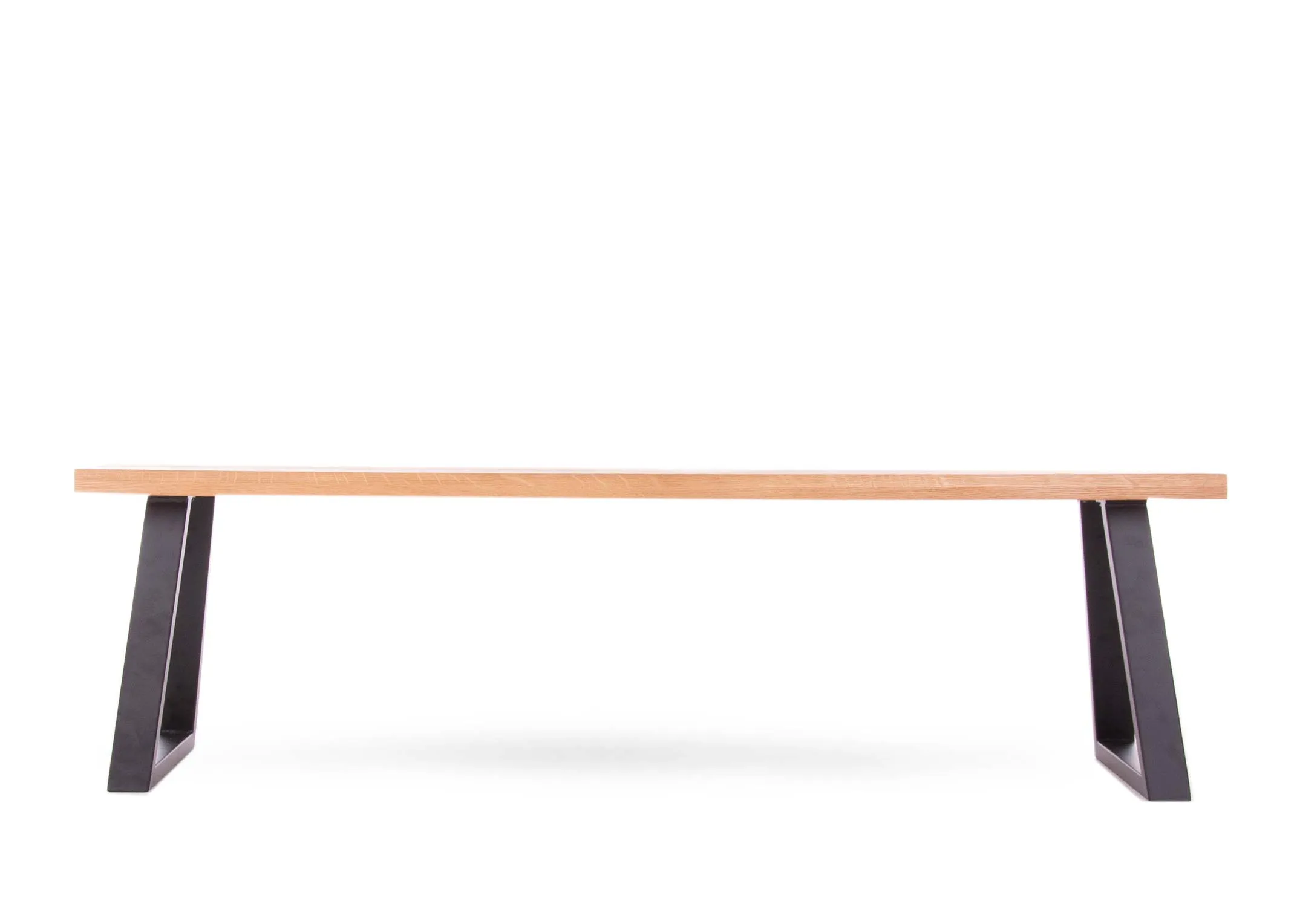 A 200cm oak dining bench with metal legs from EZ Living Furniture's Renvyle range. Front view of bench
