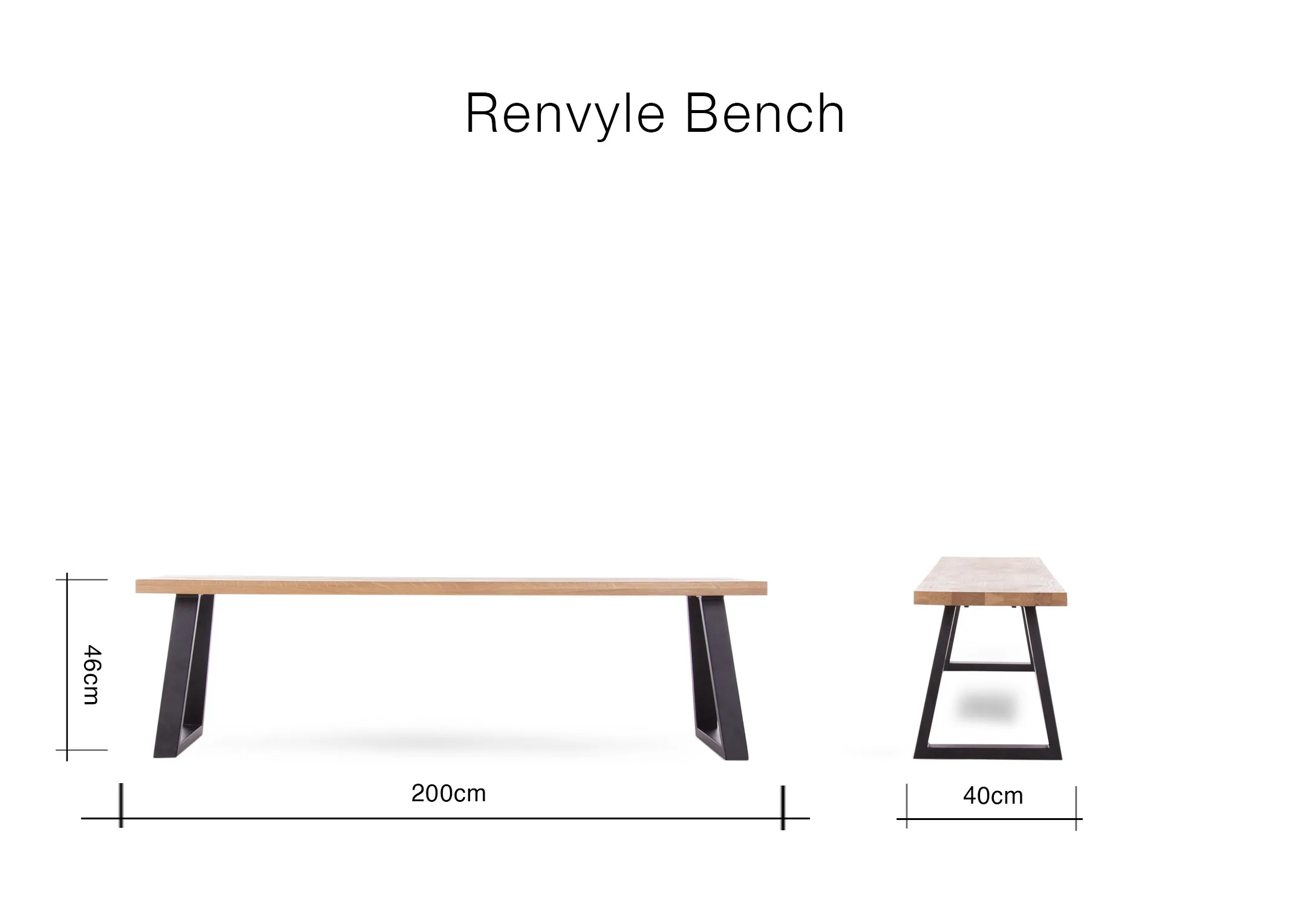 A dimension image of the Small Renvyle Bench with 200cm (Width) x 40cm (Depth) x 46cm (Height)