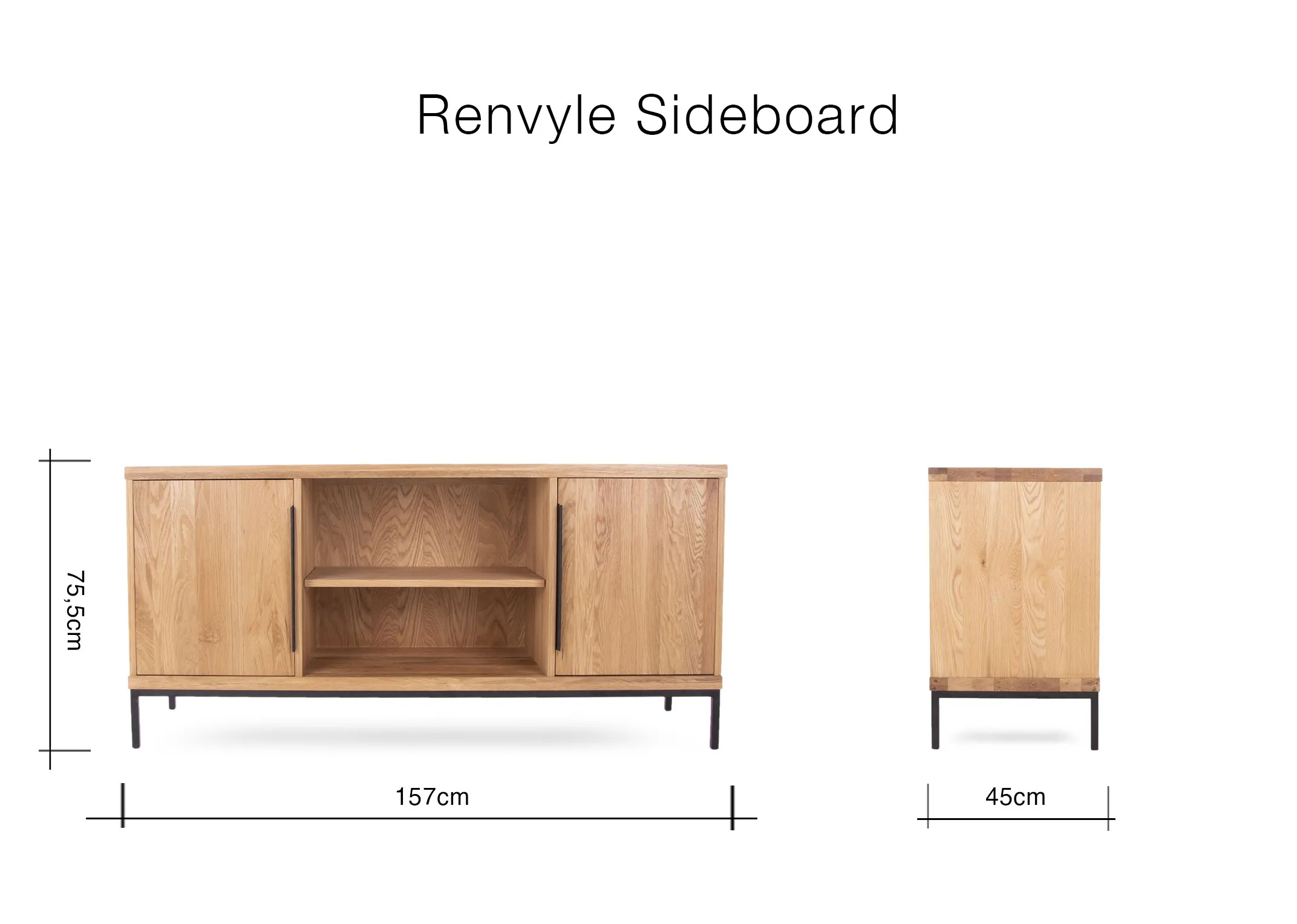A dimension image of the Renvyle Sideboard with 157cm (Width) x 45cm (Depth) x 75.5cm (Height)