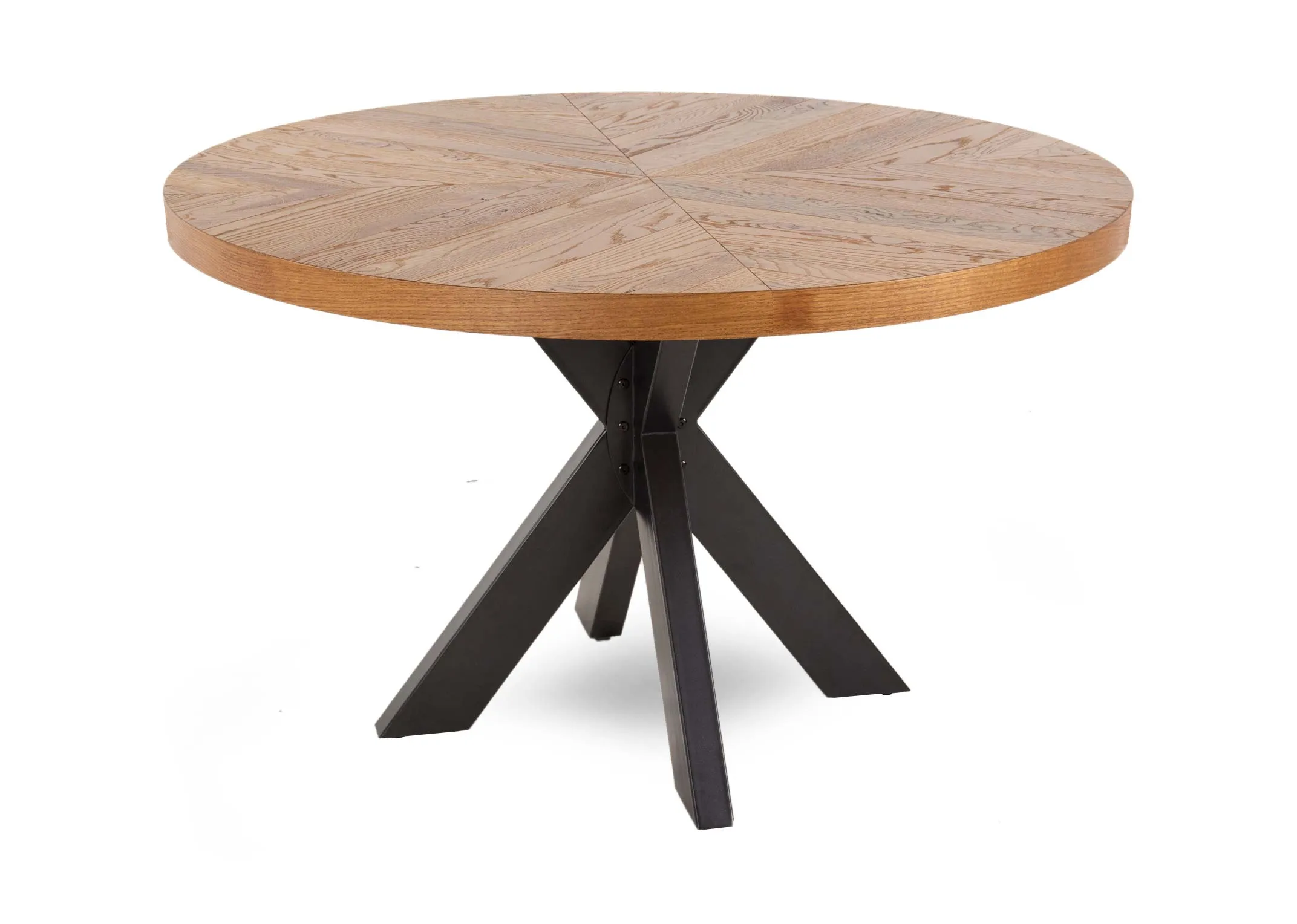 A round rustic oak dining table from EZ Living Furniture's Ellipse range. Angled view of herringbone thick wood top.