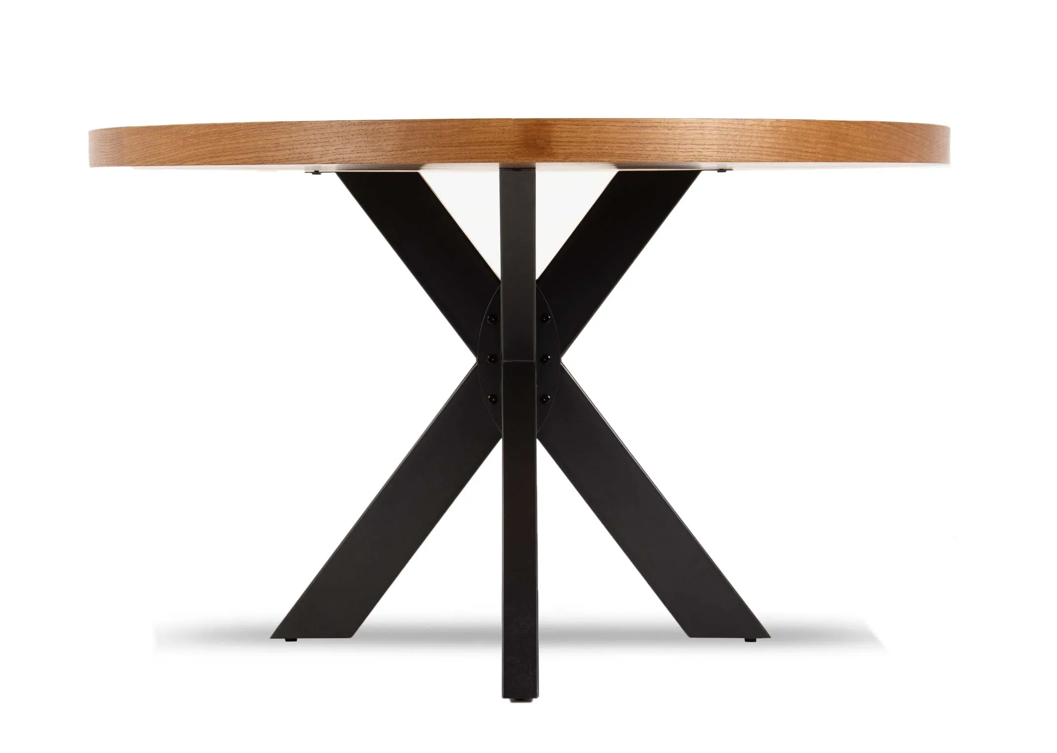 A round rustic oak dining table from EZ Living Furniture's Ellipse range. Front view of black metal legs