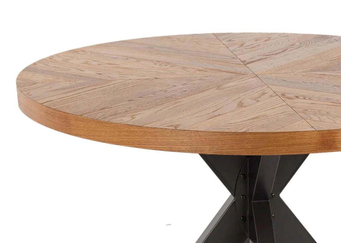 A round rustic oak dining table from EZ Living Furniture's Ellipse range. Closeup view of textured table top