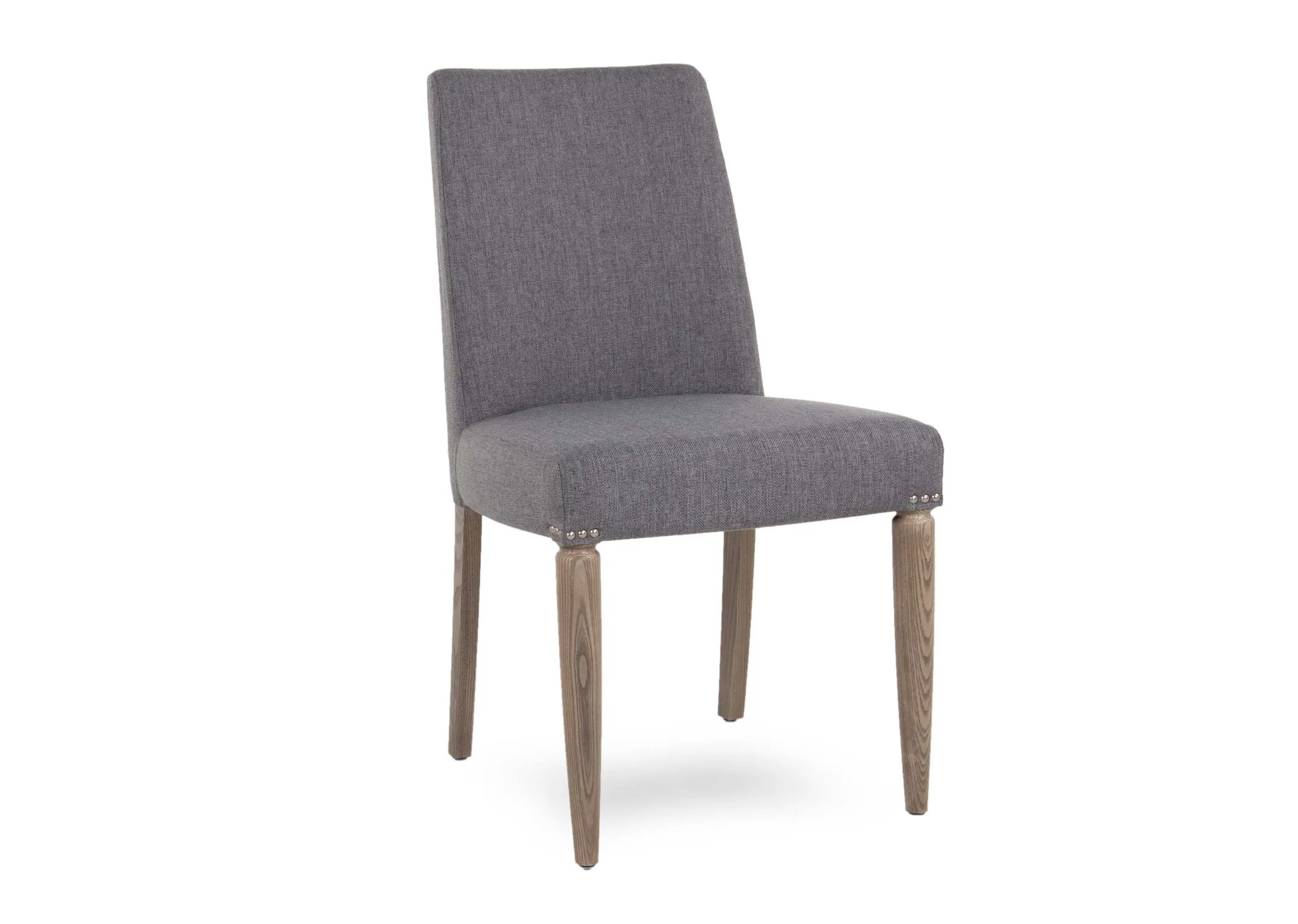 A silver grey fabric dining chair from EZ Living Furniture's Monroe range. Angled view of ash wood legs.